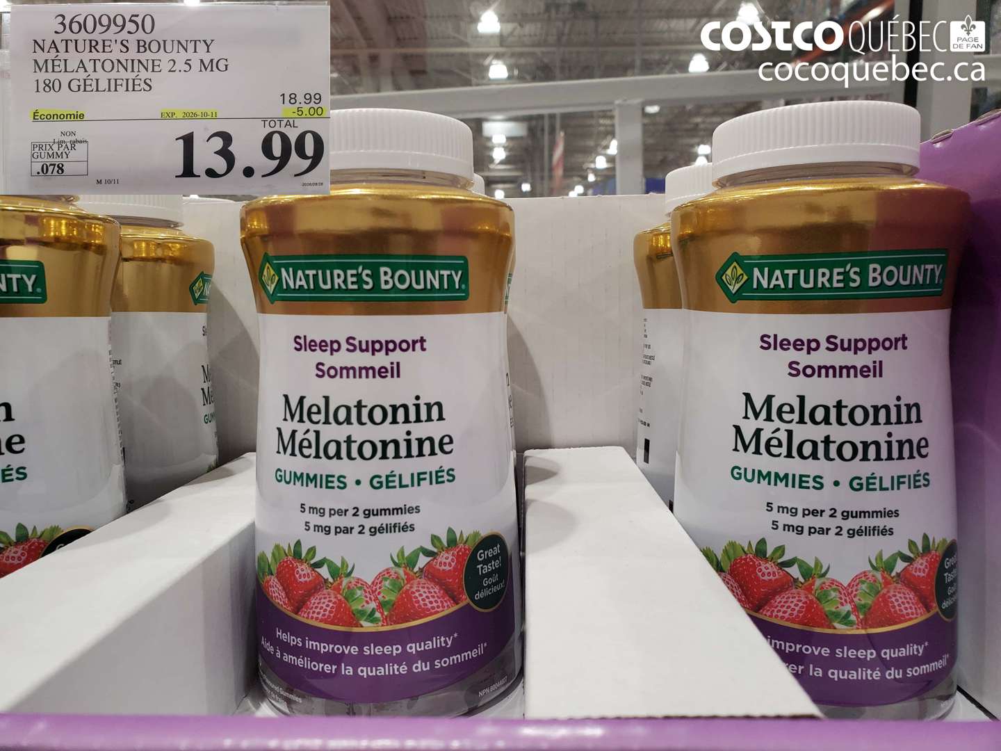 3609950 NATURE'S BOUNTY MÉLATONINE 2.5 MG 180 GÉLIFIÉS ($5.00 INSTANT SAVINGS EXPIRES ON 2026-10-11) $13.99