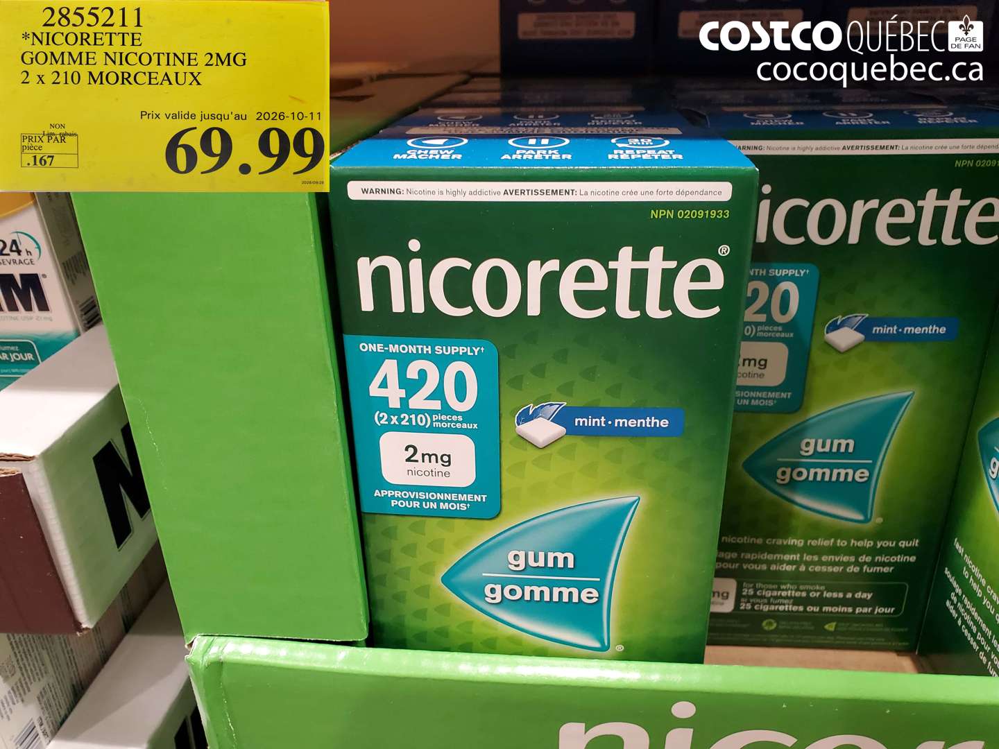 2855211 NICORETTE GOMME NICOTINE 2MG 2 X 210 MORCEAUX (EXPIRES ON 2026-10-11) $69.99