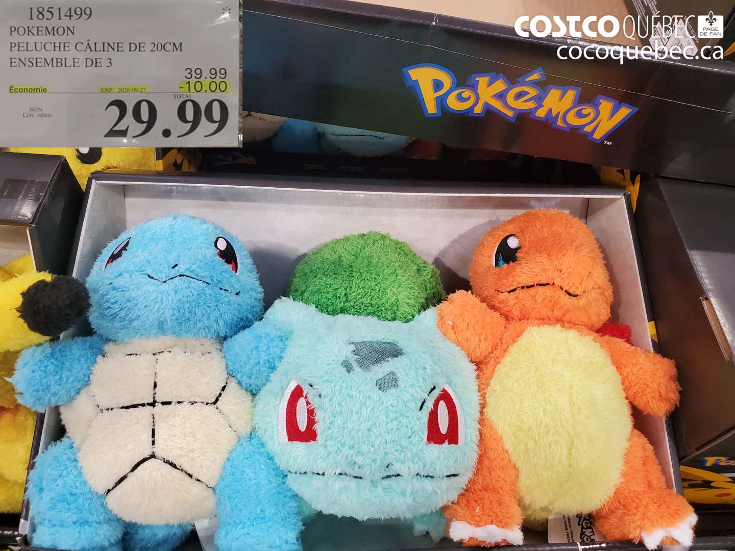 1851499 POKEMON PELUCHE CÂLINE DE 20CM ENSEMBLE DE 3 ($10.00 INSTANT SAVINGS EXPIRES ON 2026-09-27) $29.99