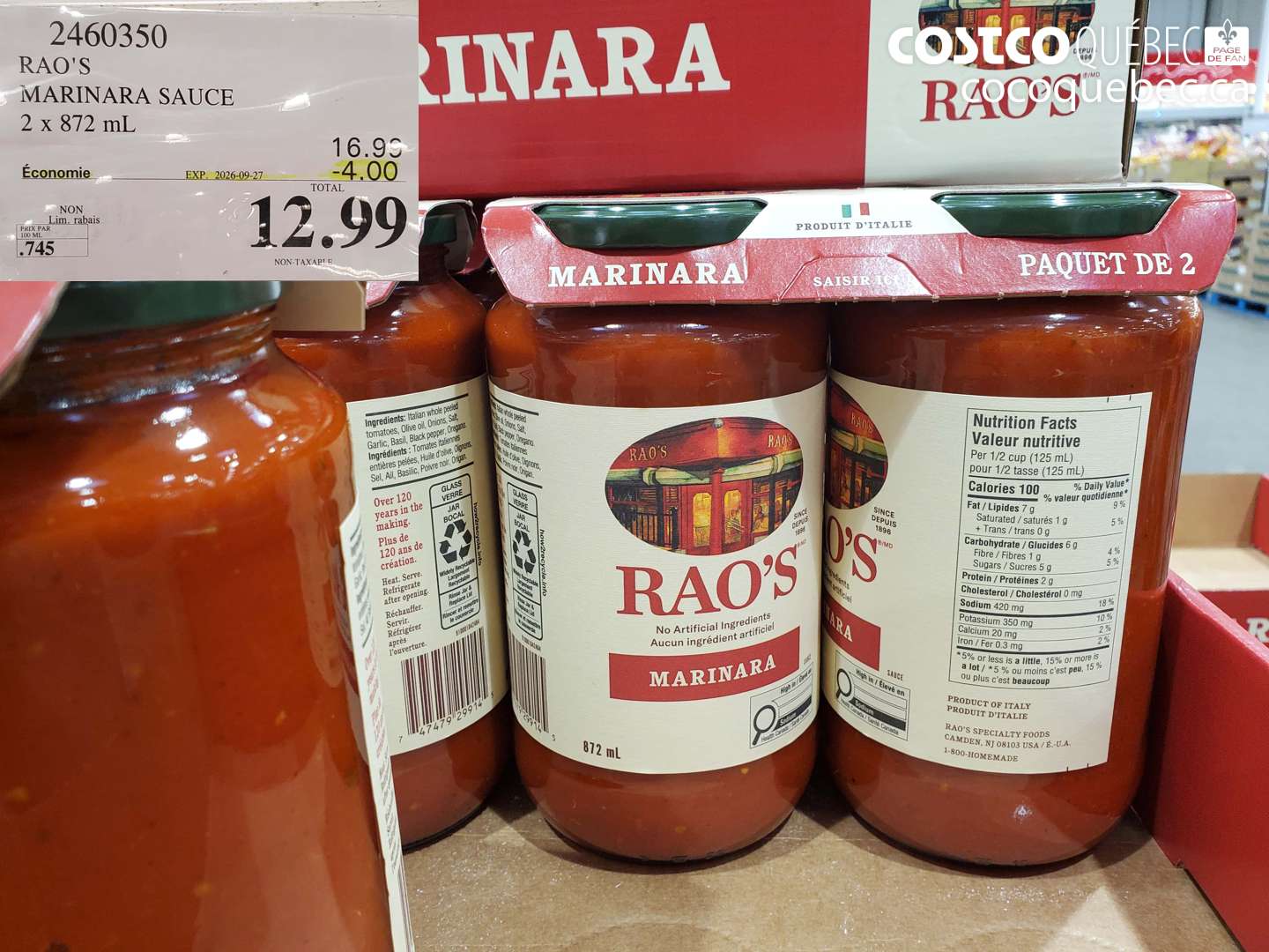 2460350 RAO'S MARINARA SAUCE ($4.00 INSTANT SAVINGS EXPIRES ON 2026-09-27) $12.99