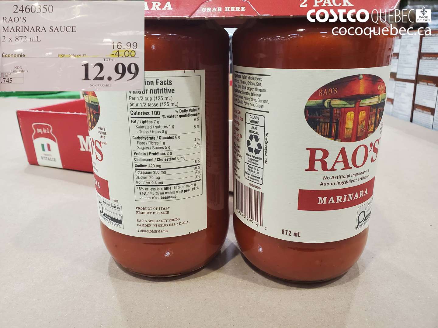 2460350 RAO'S MARINARA SAUCE ($4.00 INSTANT SAVINGS EXPIRES ON 2026-09-27) $12.99