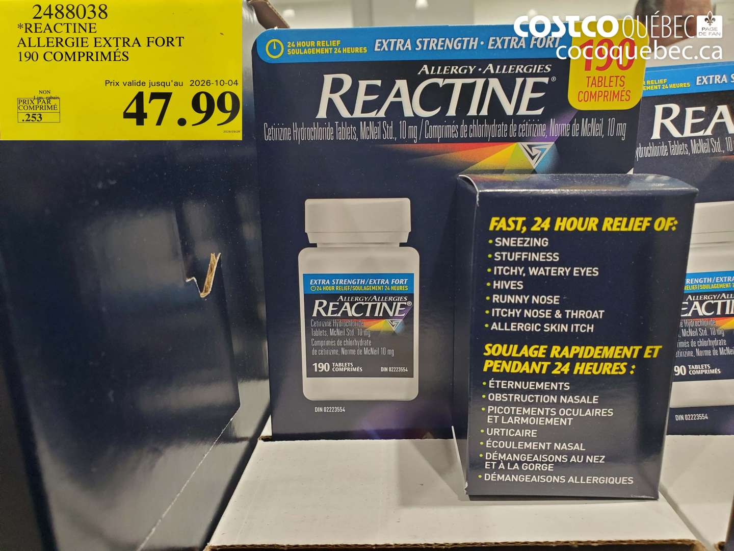 2488038 REACTINE ALLERGIE EXTRA FORT 190 COMPRIMÉS (EXPIRES ON 2026-10-04) $47.99