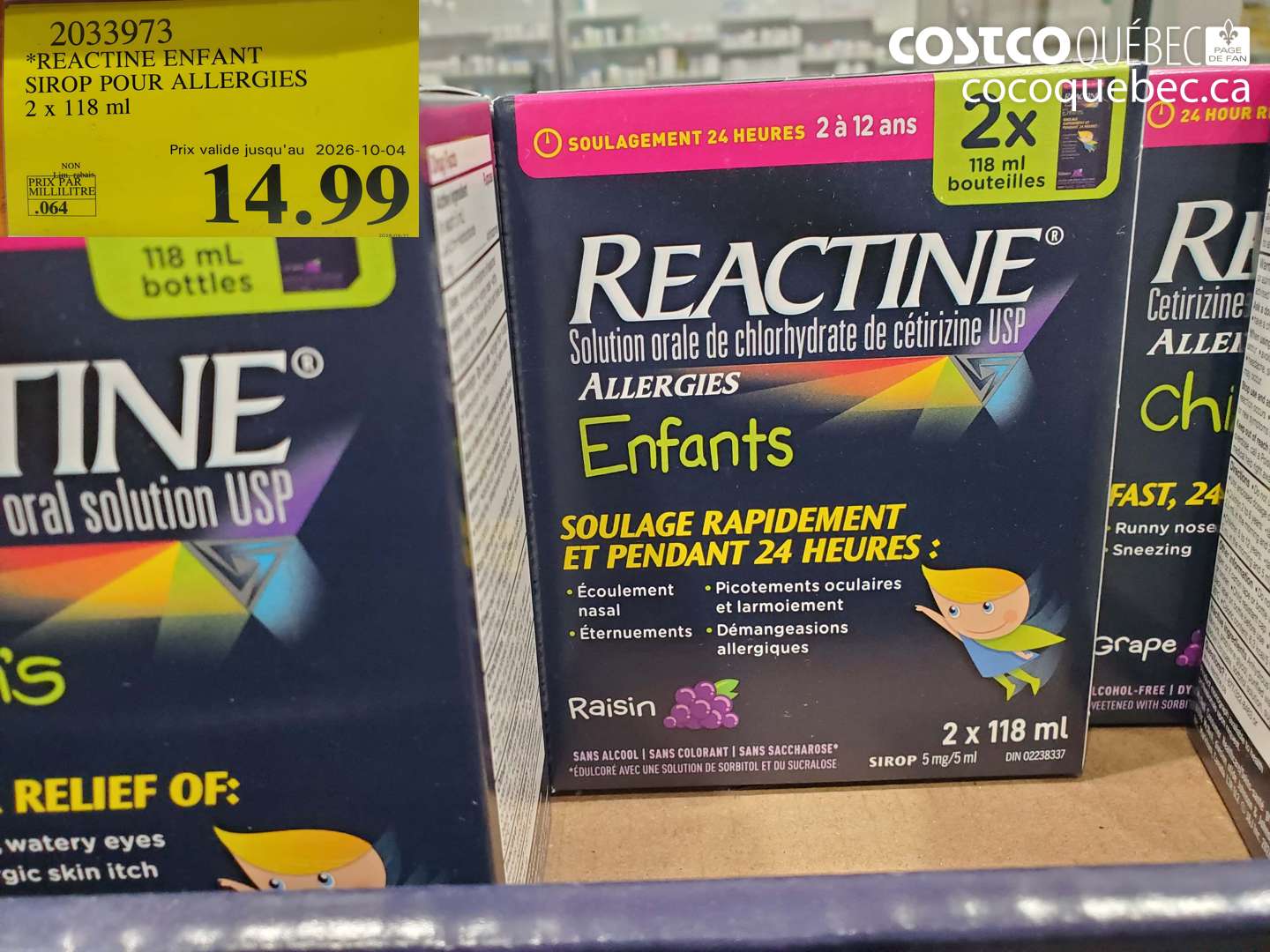 2033973 REACTINE ENFANT SIROP POUR ALLERGIES 2 X 118 ML (EXPIRES ON 2026-10-04) $14.99