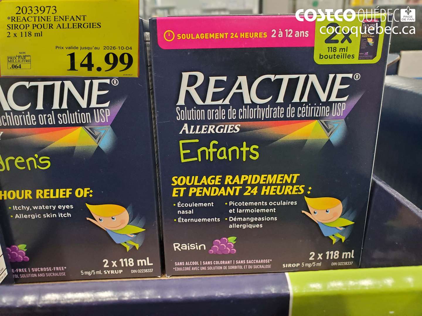 2033973 REACTINE ENFANT SIROP POUR ALLERGIES 2 X 118 ML (EXPIRES ON 2026-10-04) $14.99