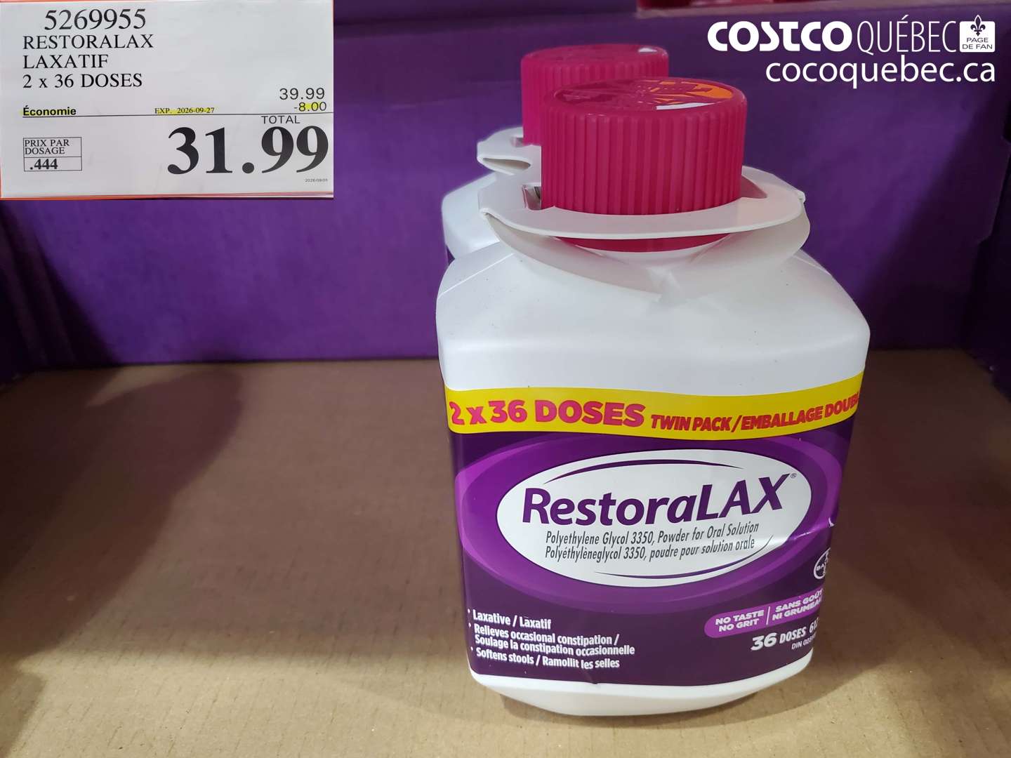 5269955 RESTORALAX LAXATIF 2 X 36 DOSES ($8.00 INSTANT SAVINGS EXPIRES ON 2026-09-27) $31.99