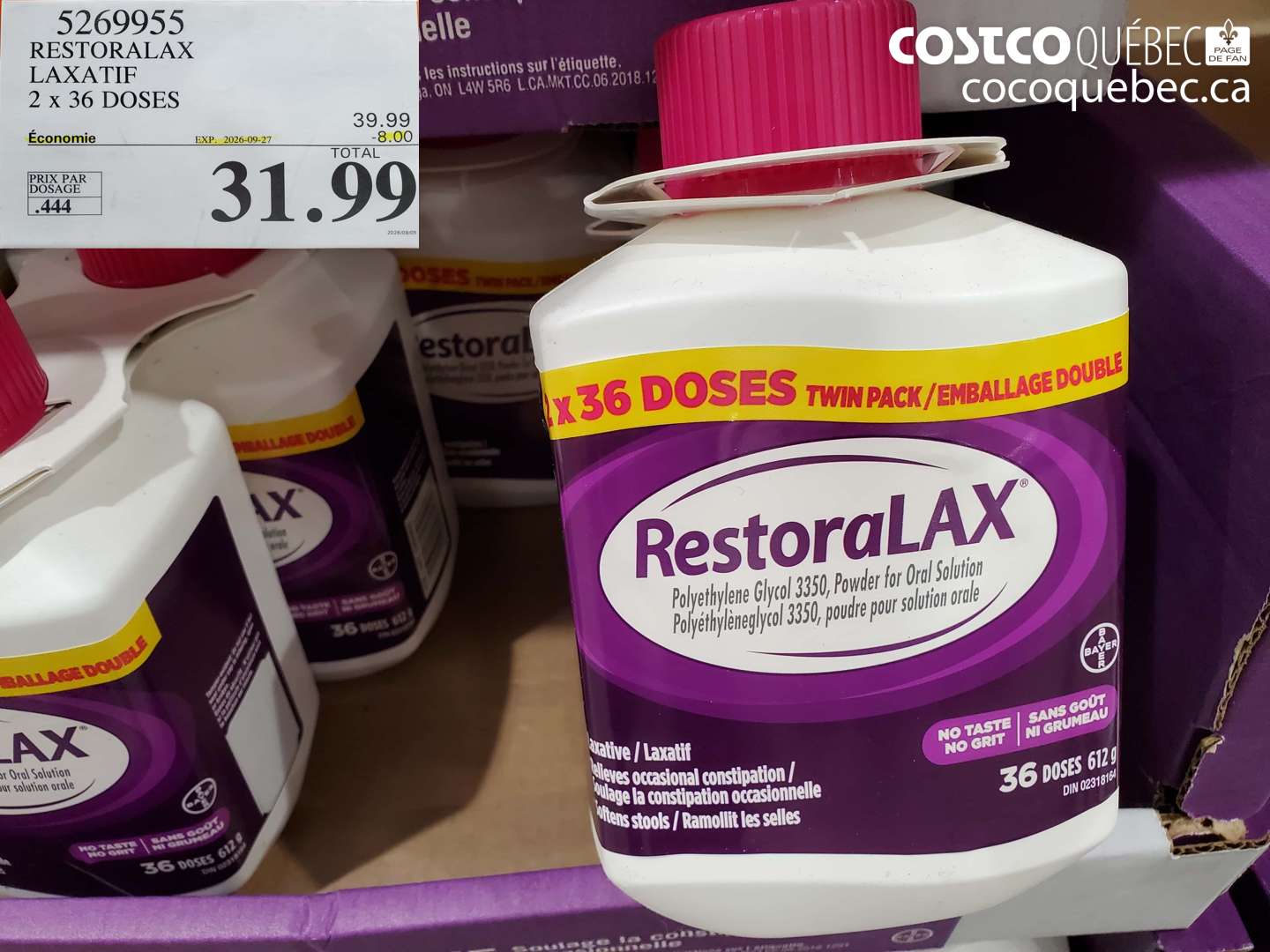 5269955 RESTORALAX LAXATIF 2 X 36 DOSES ($8.00 INSTANT SAVINGS EXPIRES ON 2026-09-27) $31.99