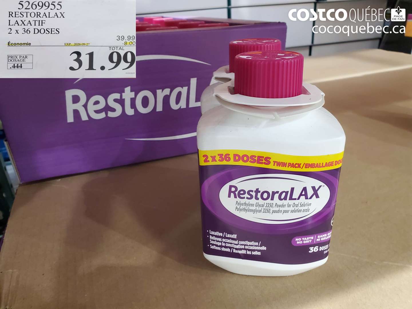 5269955 RESTORALAX LAXATIF 2 X 36 DOSES ($8.00 INSTANT SAVINGS EXPIRES ON 2026-09-27) $31.99