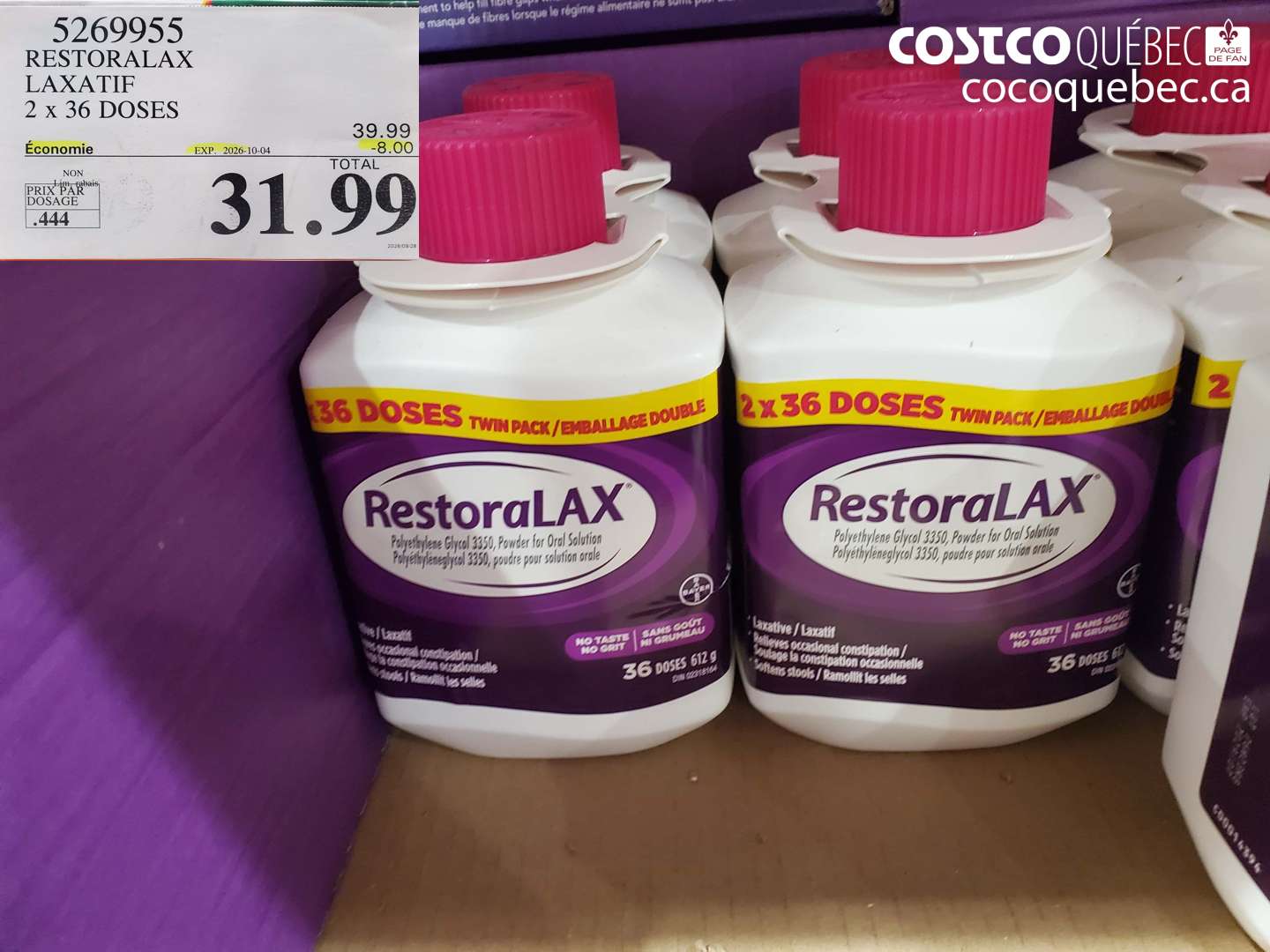 5269955 RESTORALAX LAXATIF 2 X 36 DOSES ($8.00 INSTANT SAVINGS EXPIRES ON 2026-10-04) $31.99