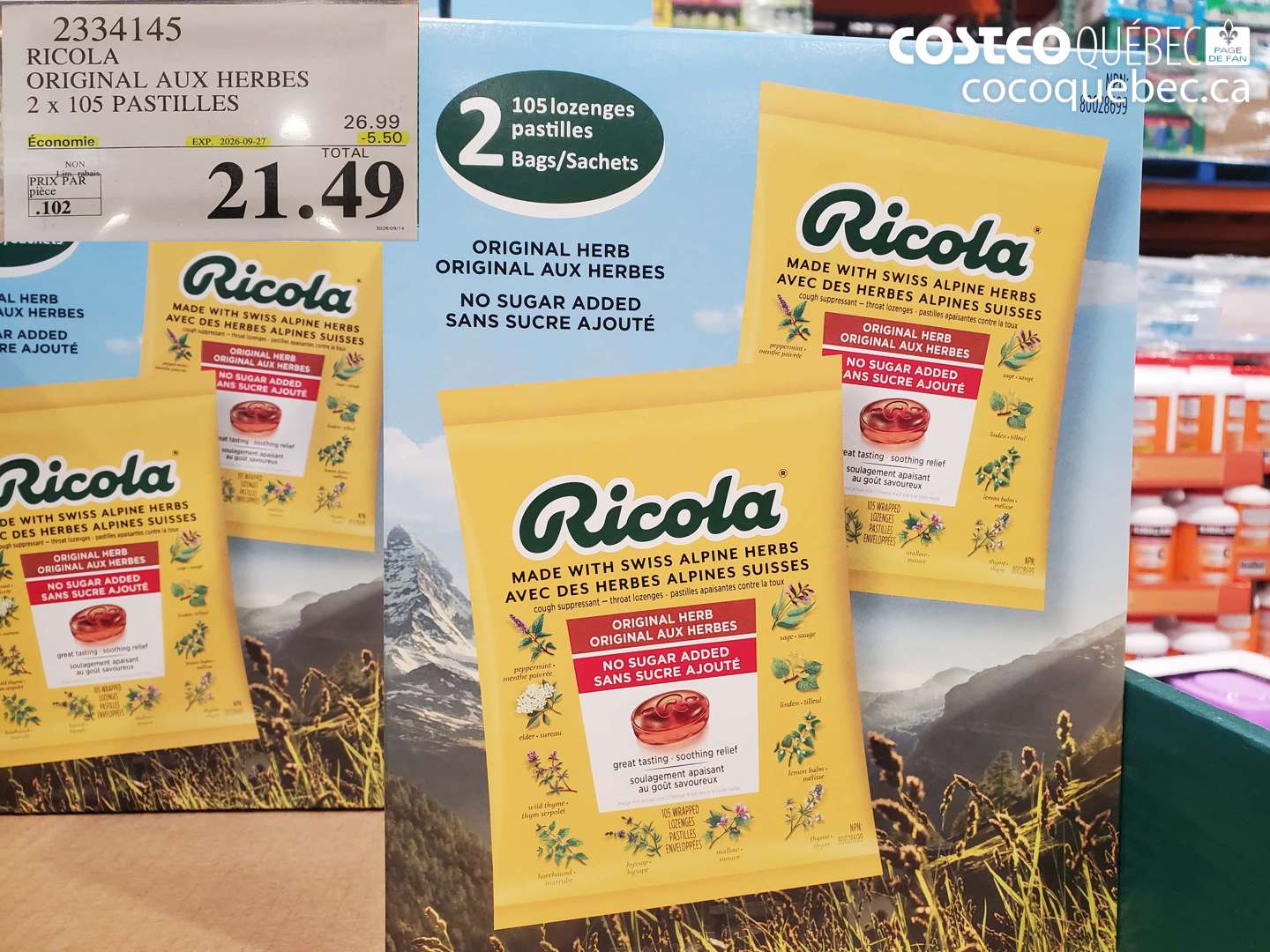 2334145 RICOLA ORIGINAL AUX HERBES 2 X 105 PASTILLES ($5.50 INSTANT SAVINGS EXPIRES ON 2026-09-27) $21.49