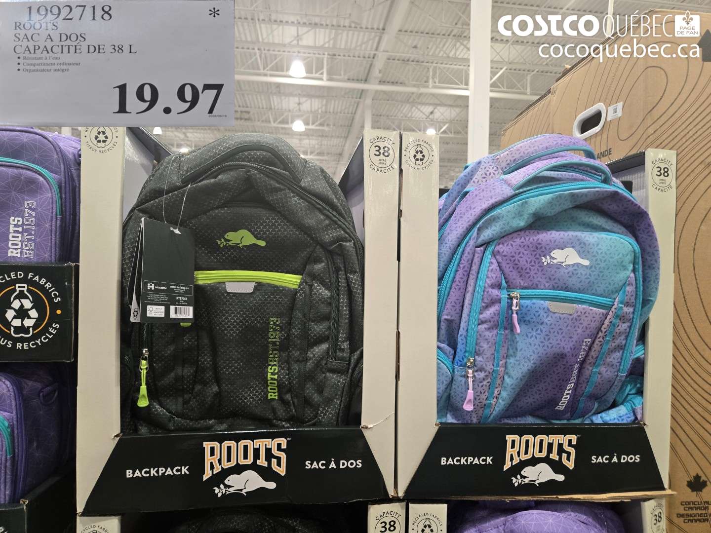 1992718 ROOTS SAC A DOS CAPACITÉ DE 38 L $19.97