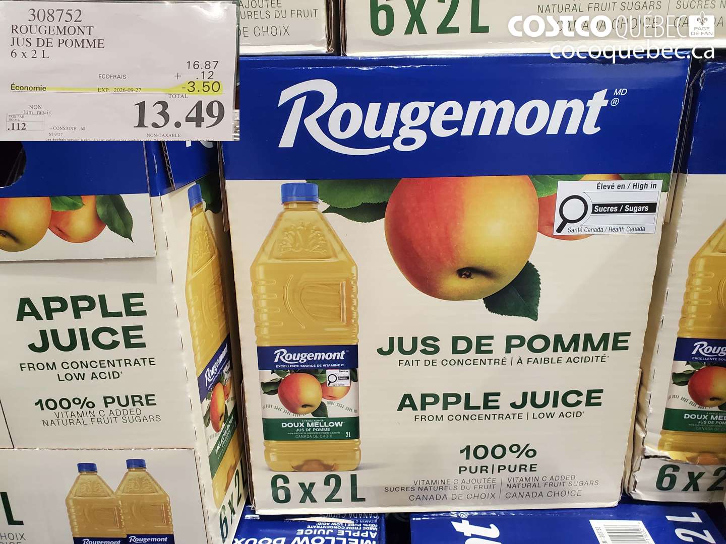 308752 ROUGEMONT JUS DE POMME 6 X 2 L ($3.50 INSTANT SAVINGS EXPIRES ON 2026-09-27) $13.49