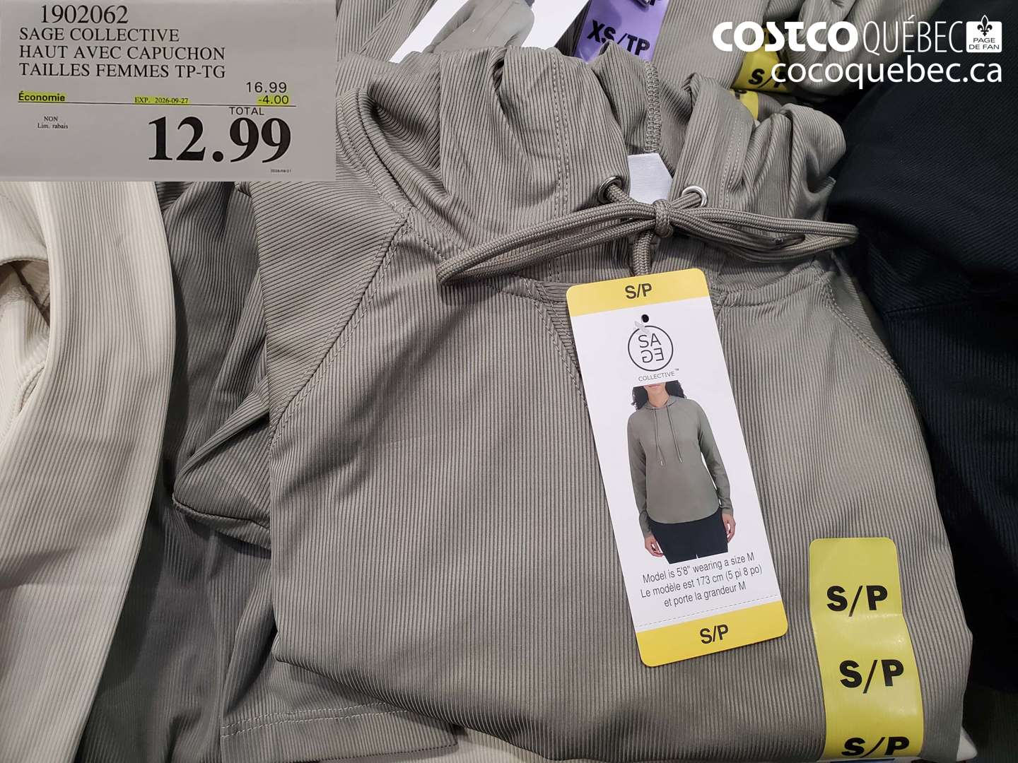 1902062 SAGE COLLECTIVE HAUT AVEC CAPUCHON TAILLES FEMMES TP-TG ($4.00 INSTANT SAVINGS EXPIRES ON 2026-09-27) $12.99