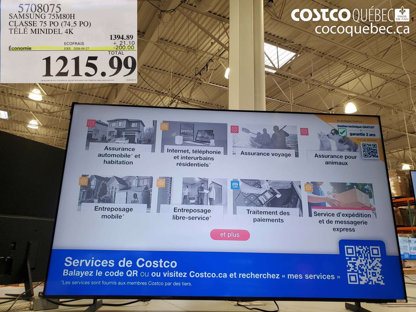 5708075 SAMSUNG 75M80H CLASSE 75 PO (74.5 PO) TÉLÉ MINIDEL 4K ($200.00 INSTANT SAVINGS EXPIRES ON 2026-09-27) $1215.99