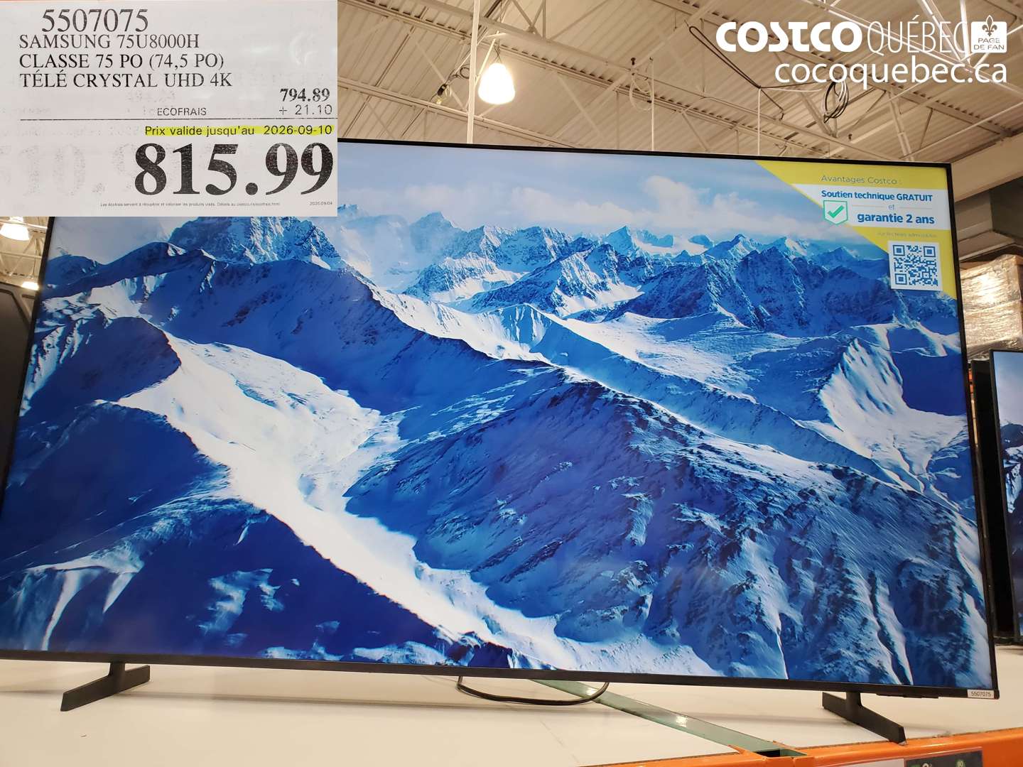 5507075 SAMSUNG 75U8000H CLASSE 75 PO (74.5 PO) TÉLÉ CRYSTAL UHD 4K (EXPIRES ON 2026-09-10) $815.99