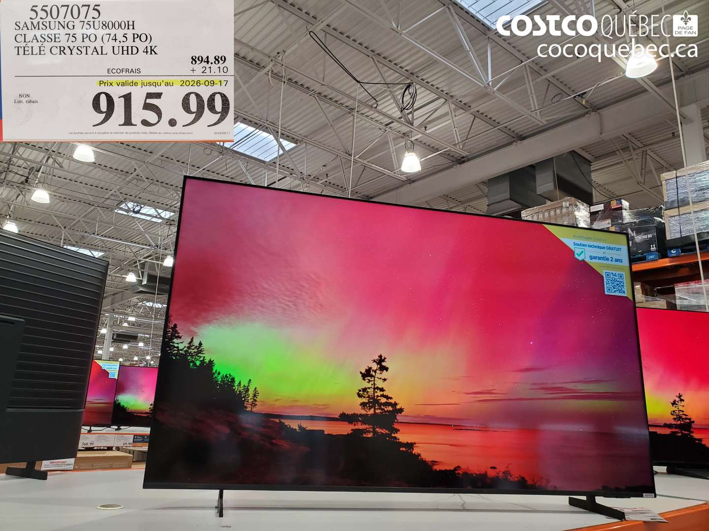 5507075 SAMSUNG 75U8000H CLASSE 75 PO (74.5 PO) TÉLÉ CRYSTAL UHD 4K (EXPIRES ON 2026-09-17) $915.99