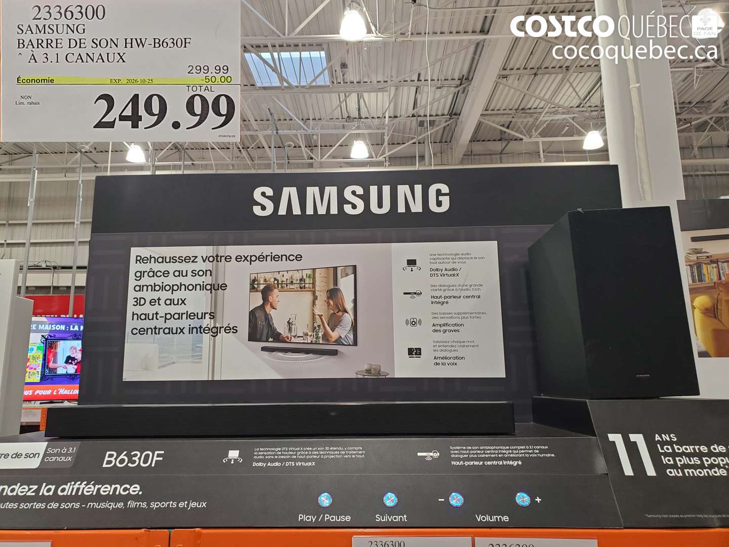 2336300 SAMSUNG BARRE DE SON HW-B630F À 3.1 CANAUX ($50.00 INSTANT SAVINGS EXPIRES ON 2026-10-25) $249.99