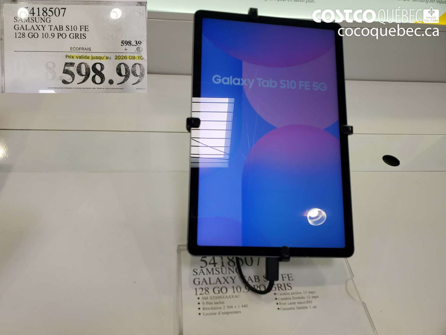 418507 SAMSUNG GALAXY TAB S10 FE 128 GO 10.9 PO GRIS (EXPIRES ON 2026-09-10) $598.99