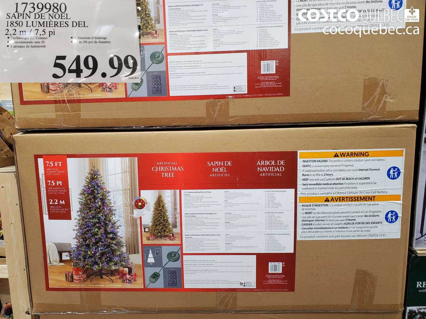 1739980 SAPIN DE NOEL 1850 LUMIÈRES DEL 2.2 M / 7.5 PI $549.99