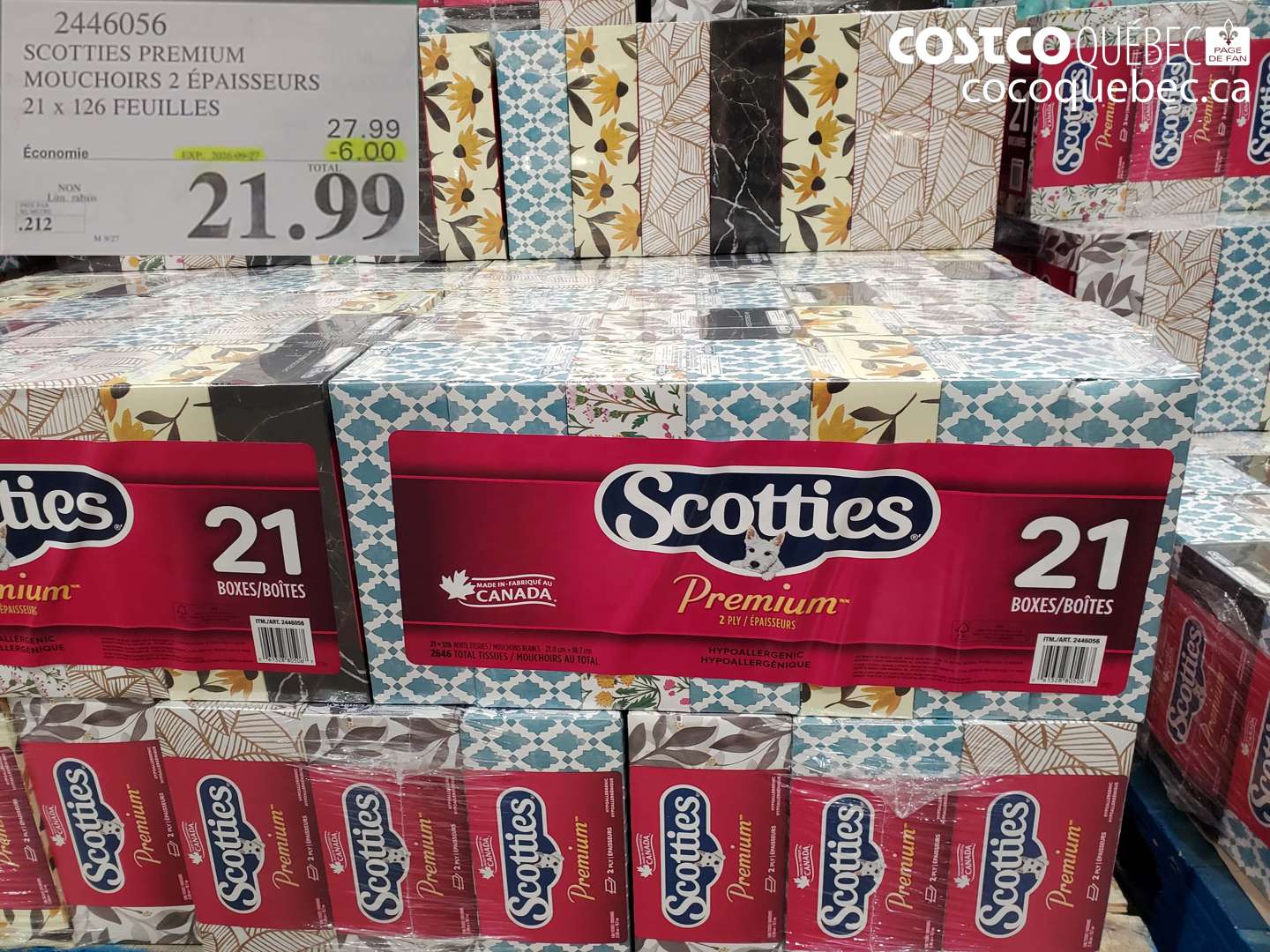 2446056 SCOTTIES PREMIUM MOUCHOIRS 2 ÉPAISSEURS 21 X 126 FEUILLES ($6.00 INSTANT SAVINGS EXPIRES ON 2026-09-27) $21.99