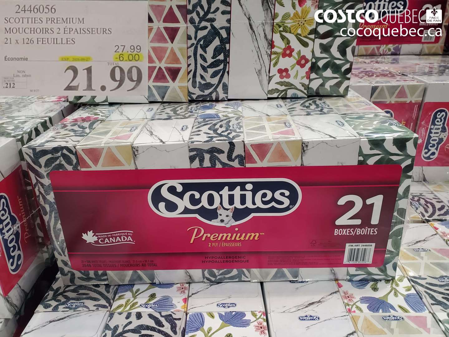 2446056 SCOTTIES PREMIUM MOUCHOIRS 2 ÉPAISSEURS 21 X 126 FEUILLES ($6.00 INSTANT SAVINGS EXPIRES ON 2026-09-27) $21.99