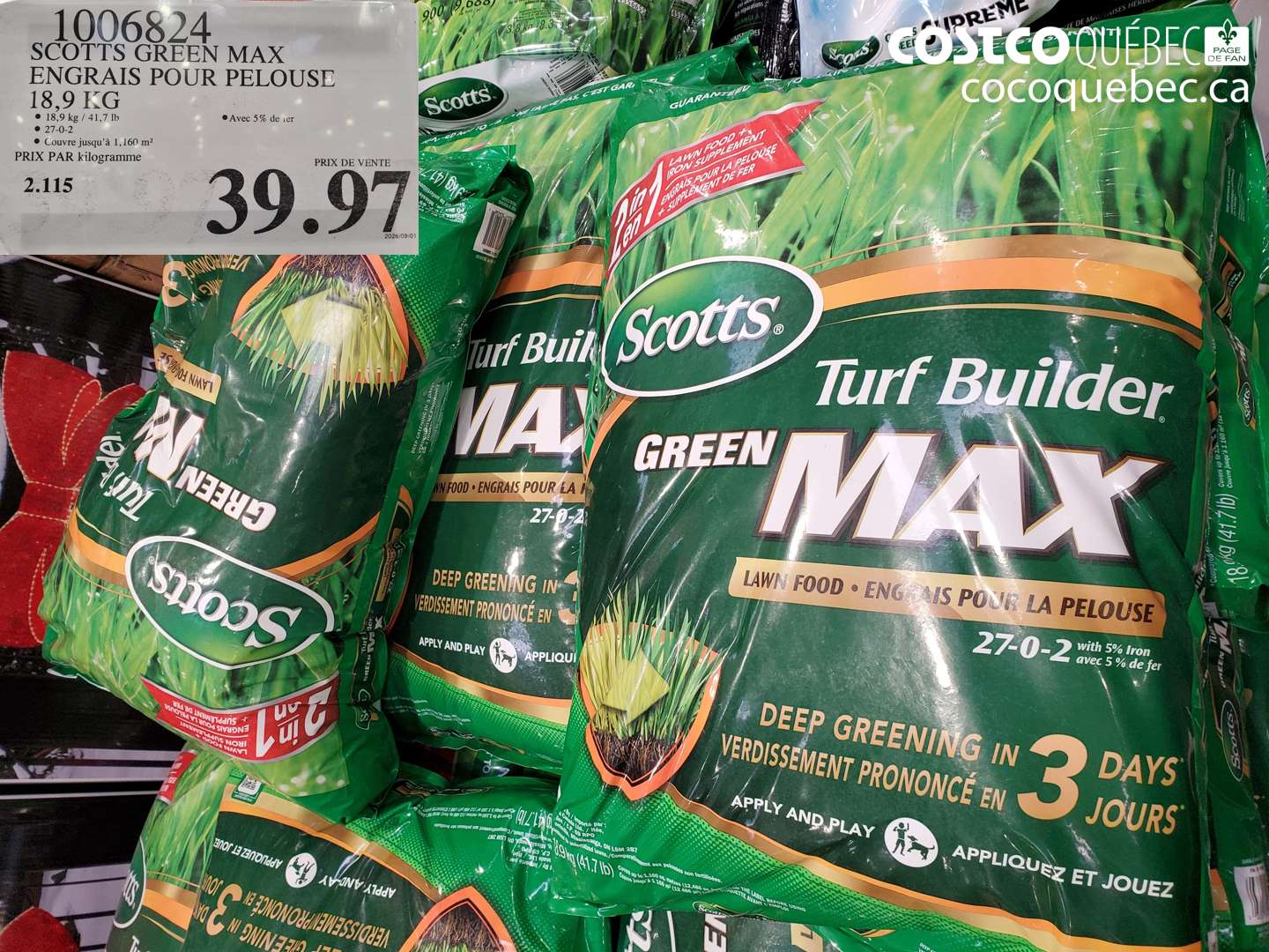 1006824 SCOTTS GREEN MAX ENGRAIS POUR PELOUSE 18.9 KG $39.97