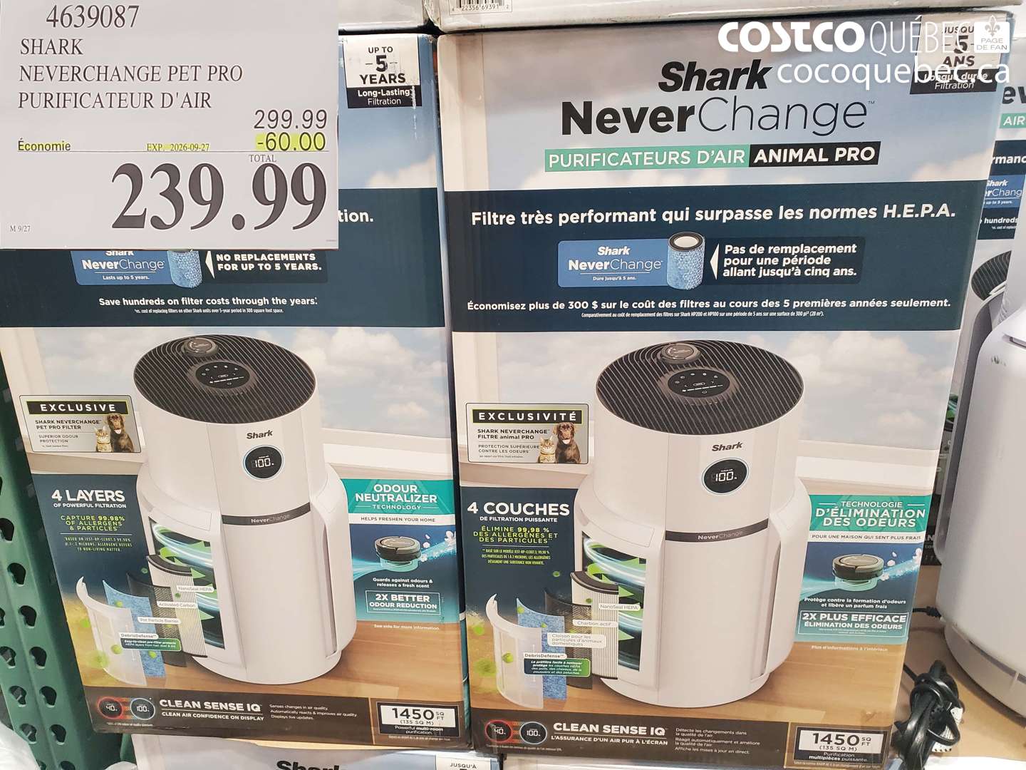 4639087 SHARK NEVERCHANGE PET PRO PURIFICATEUR D'AIR ($60.00 INSTANT SAVINGS EXPIRES ON 2026-09-27) $239.99