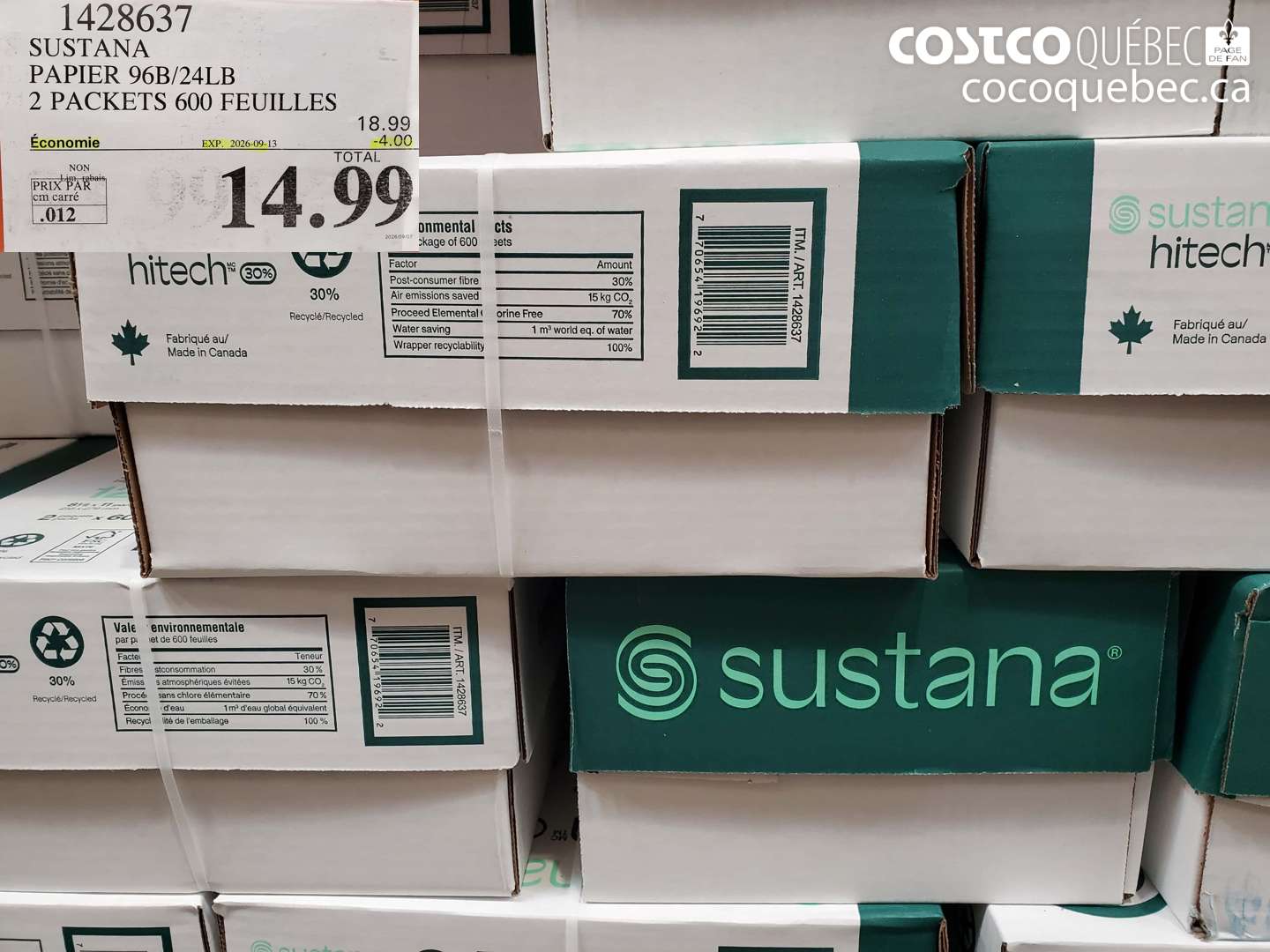 1428637 SUSTANA PAPIER 96B/24LB 2 PACKETS 600 FEUILLES ($4.00 INSTANT SAVINGS EXPIRES ON 2026-09-13) $14.99