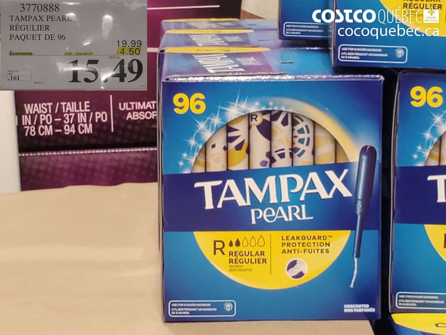 3770888 TAMPAX PEARL RÉGULIER PAQUET DE 96 ($4.50 INSTANT SAVINGS EXPIRES ON 2026-09-27) $15.49