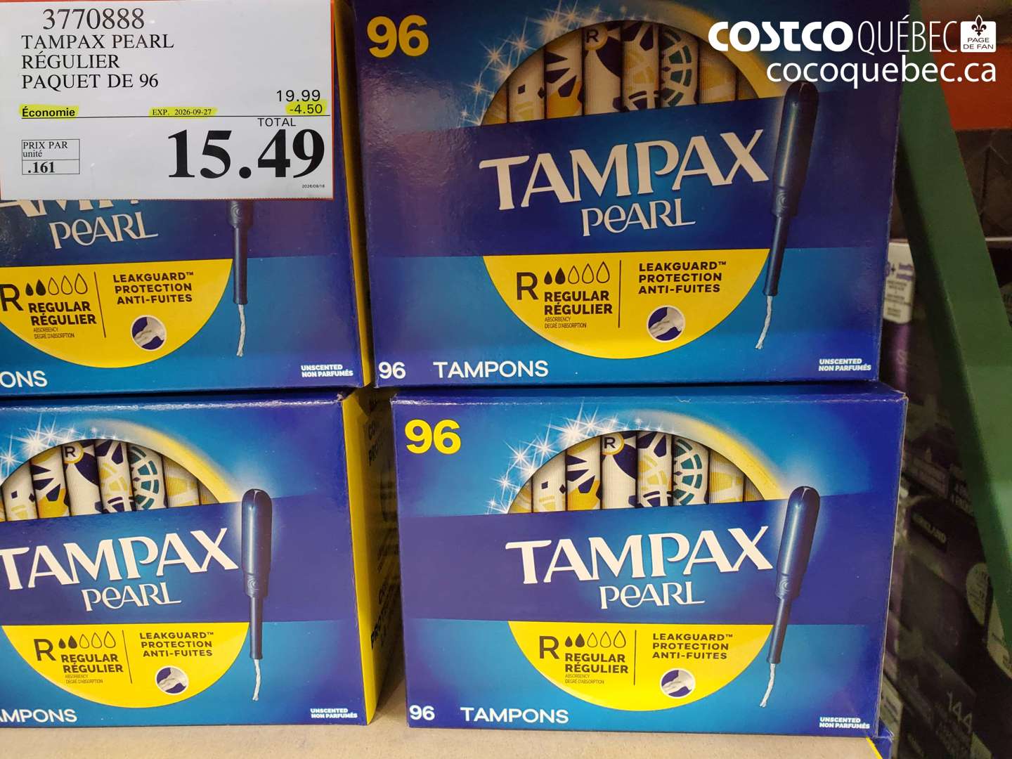 3770888 TAMPAX PEARL RÉGULIER PAQUET DE 96 ($4.50 INSTANT SAVINGS EXPIRES ON 2026-09-27) $15.49