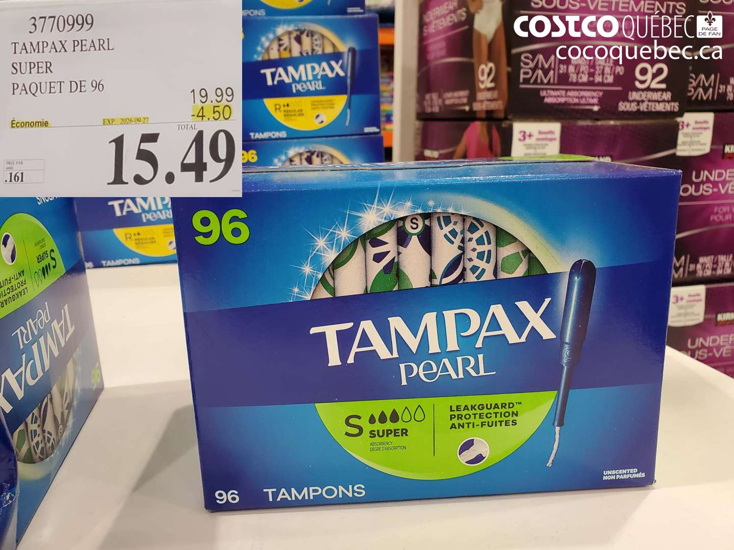 3770999 TAMPAX PEARL SUPER PAQUET DE 96 ($4.50 INSTANT SAVINGS EXPIRES ON 2026-09-27) $15.49