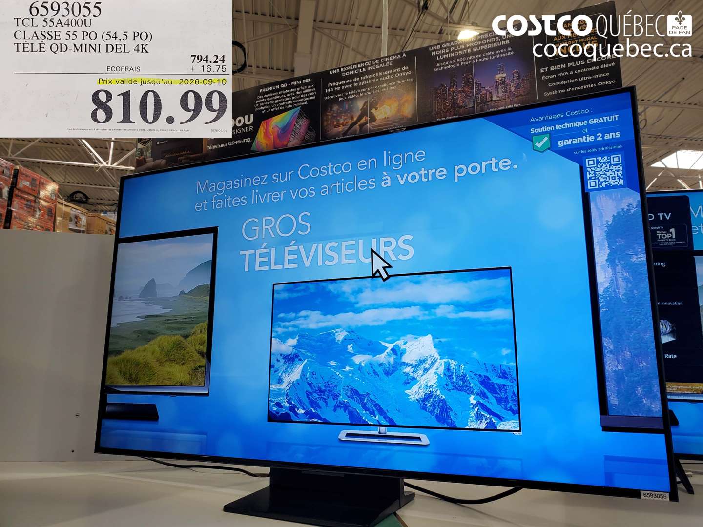 6593055 TCL 55A400U CLASSE 55 PO (54.5 PO) TÉLÉ QD-MINI DEL 4K (EXPIRES ON 2026-09-10) $810.99