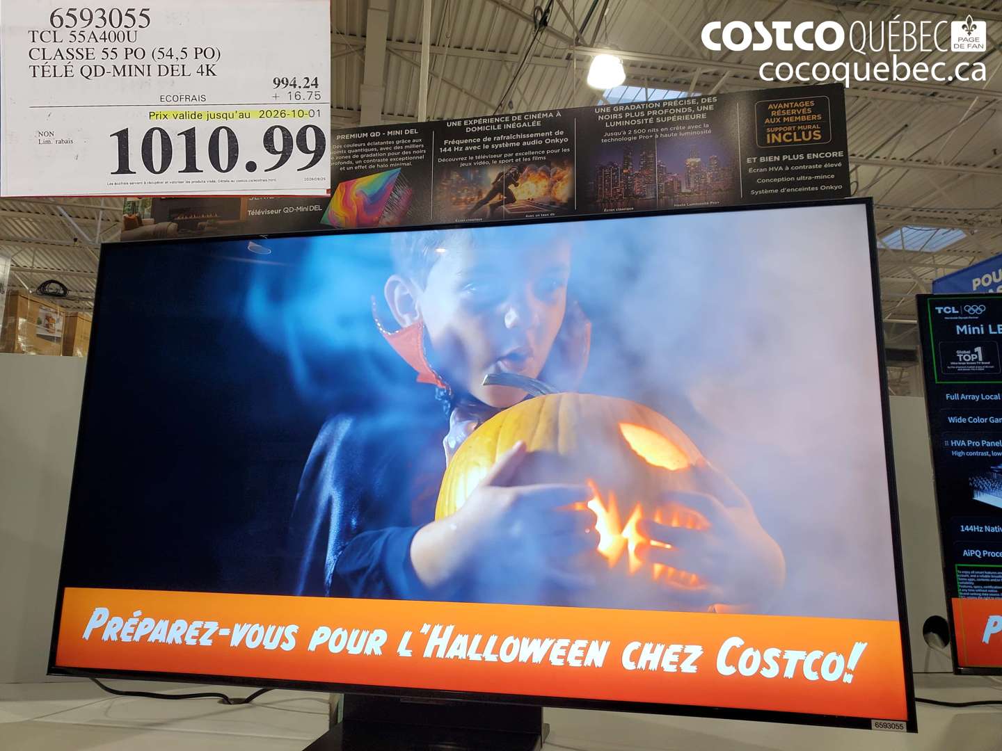 6593055 TCL 55A400U CLASSE 55 PO (54.5 PO) TÉLÉ QD-MINI DEL 4K (EXPIRES ON 2026-10-01) $1010.99