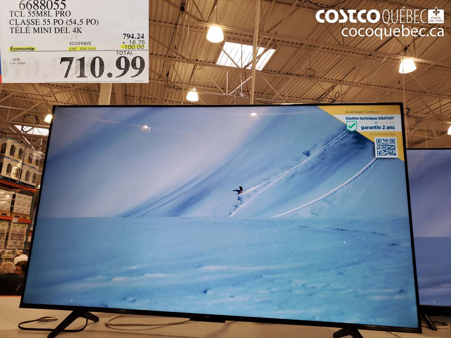 6688055 TCL 55M8L PRO CLASSE 55 PO (54.5 PO) TÉLÉ MINI DEL 4K ($100.00 INSTANT SAVINGS EXPIRES ON 2026-10-01) $710.99