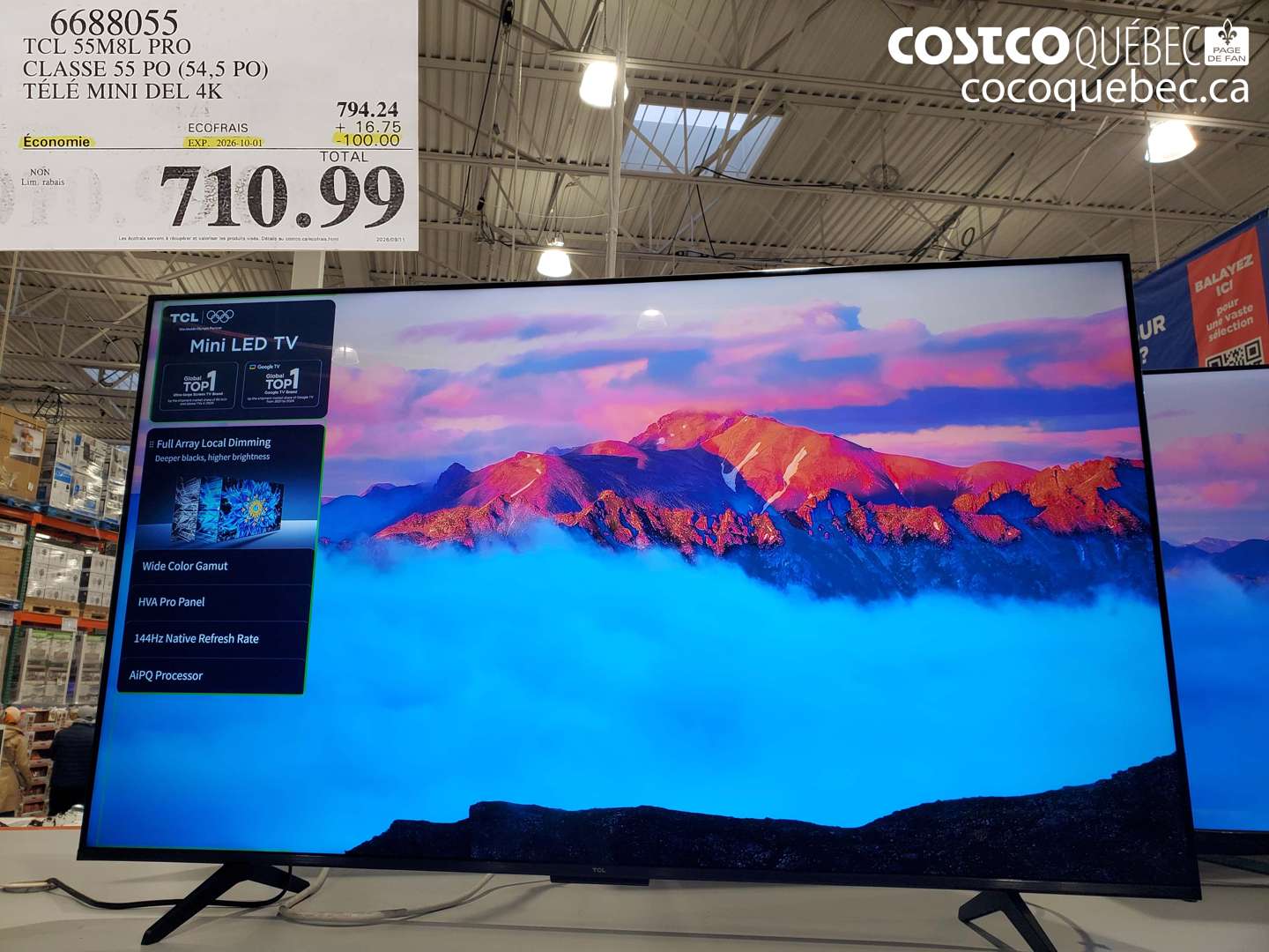 6688055 TCL 55M8L PRO CLASSE 55 PO (54.5 PO) TÉLÉ MINI DEL 4K ($100.00 INSTANT SAVINGS EXPIRES ON 2026-10-01) $710.99