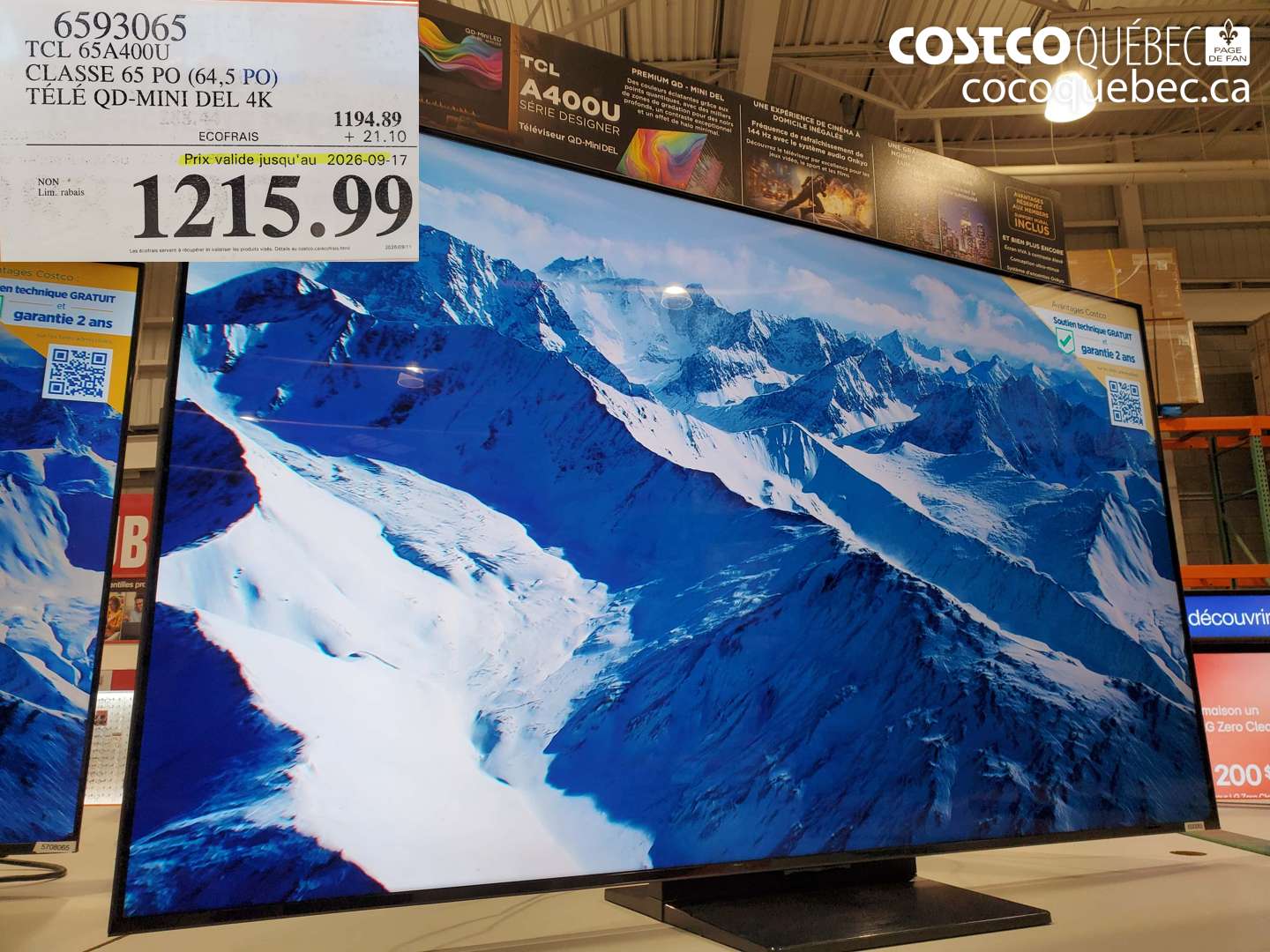 6593065 TCL 65A400U CLASSE 65 PO (64.5 PO) TÉLÉ QD-MINI DEL 4K (EXPIRES ON 2026-09-17) $1215.99
