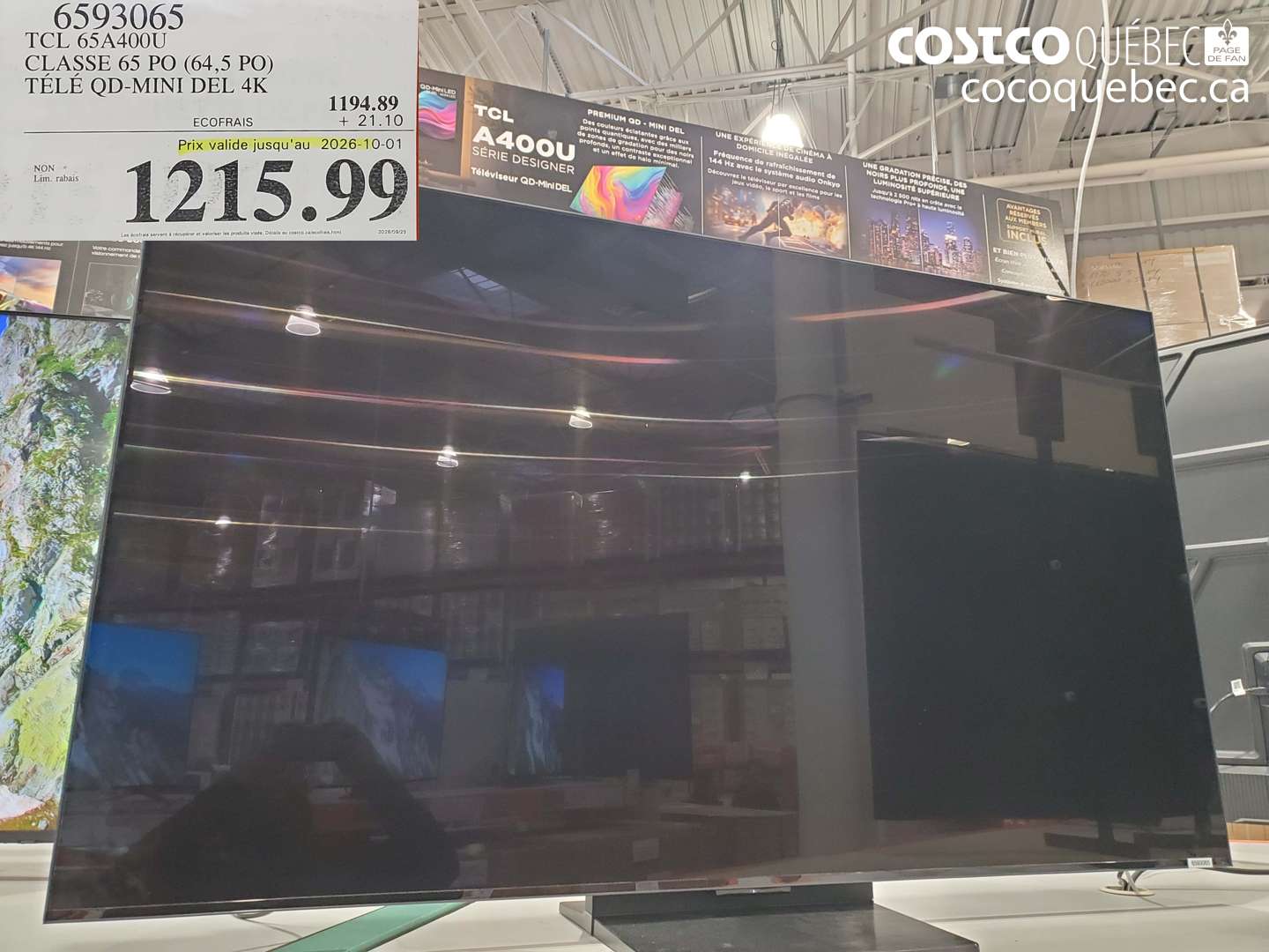 6593065 TCL 65A400U CLASSE 65 PO (64.5 PO) TÉLÉ QD-MINI DEL 4K (EXPIRES ON 2026-10-01) $1215.99