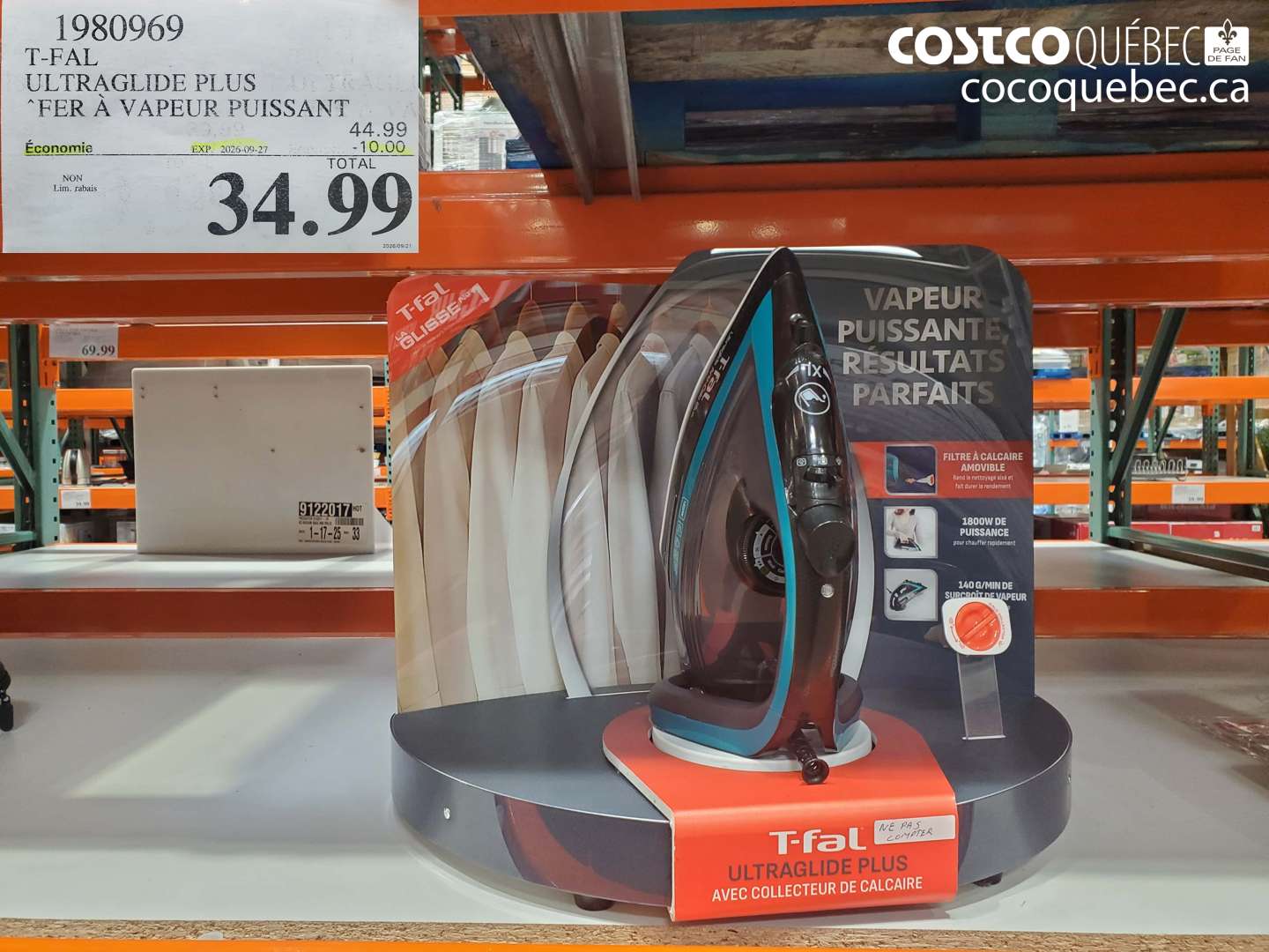 1980969 T-FAL ULTRAGLIDE PLUS FER À VAPEUR PUISSANT ($10.00 INSTANT SAVINGS EXPIRES ON 2026-09-27) $34.99