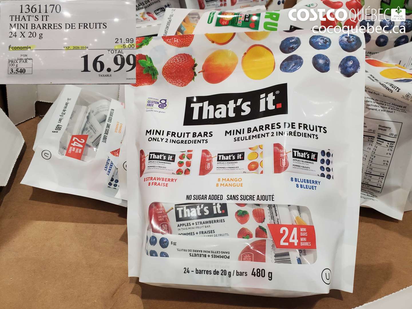 1361170 THAT'S IT MINI BARRES DE FRUITS 24 X 20 G ($5.00 INSTANT SAVINGS EXPIRES ON 2026-10-04) $16.99