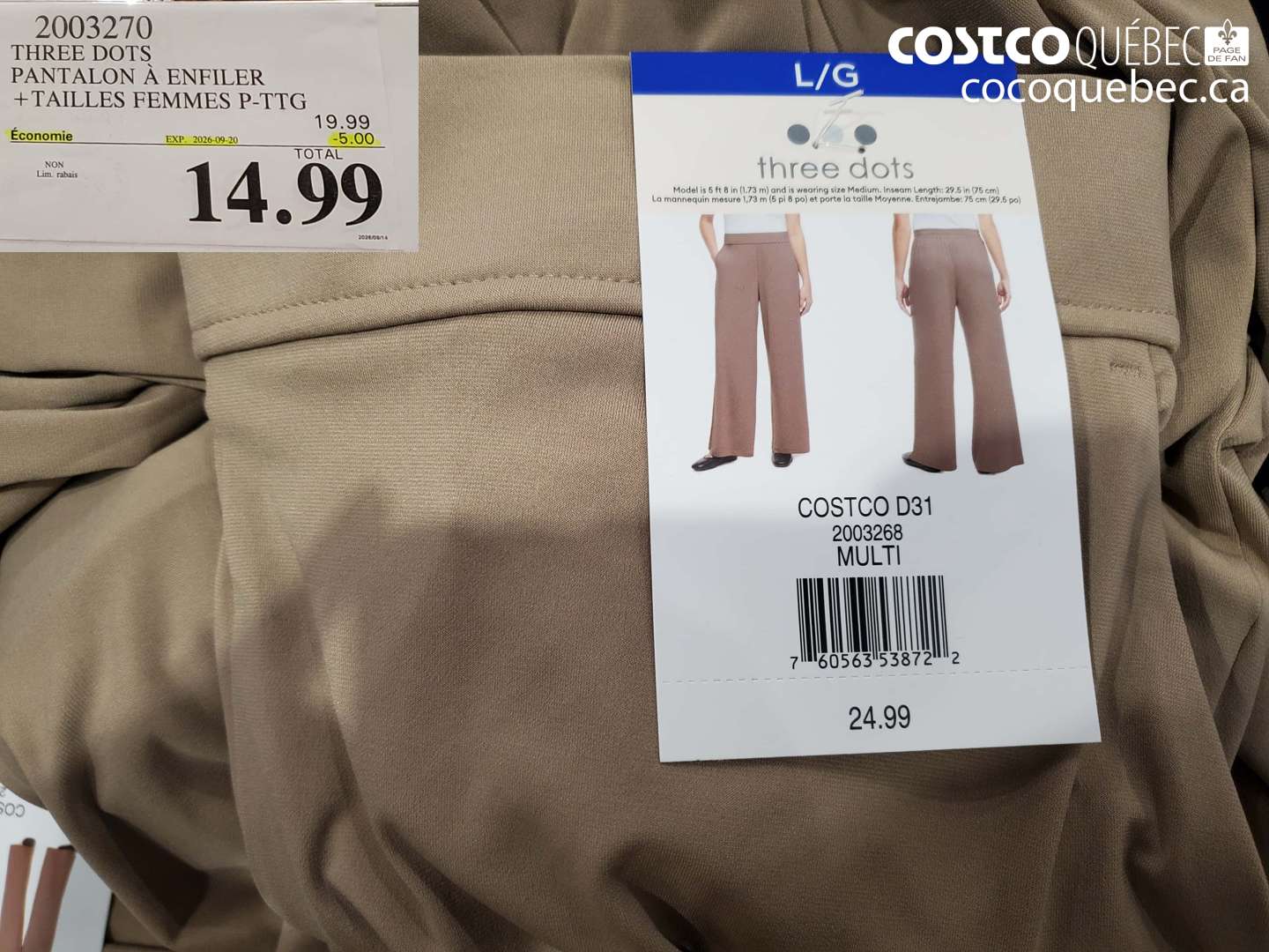 2003270 THREE DOTS PANTALON À ENFILER + TAILLES FEMMES P-TTG ($5.00 INSTANT SAVINGS EXPIRES ON 2026-09-20) $14.99