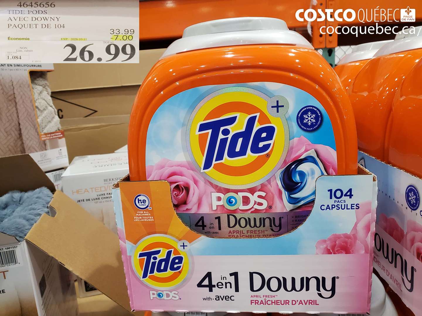4645656 TIDE PODS AVEC DOWNY PAQUET DE 104 ($7.00 INSTANT SAVINGS EXPIRES ON 2026-10-11) $26.99