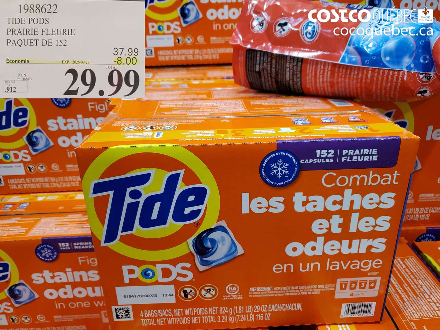 1988622 TIDE PODS PRAIRIE FLEURIE PAQUET DE 152 ($8.00 INSTANT SAVINGS EXPIRES ON 2026-09-27) $29.99