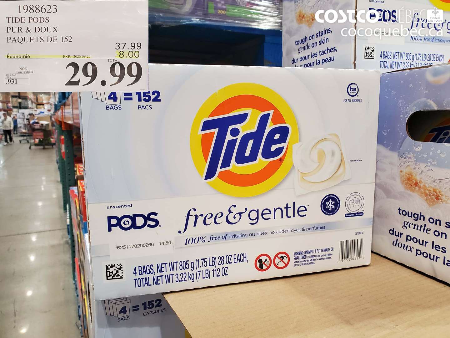 1988623 TIDE PODS PUR & DOUX PAQUETS DE 152 ($8.00 INSTANT SAVINGS EXPIRES ON 2026-09-27) $29.99