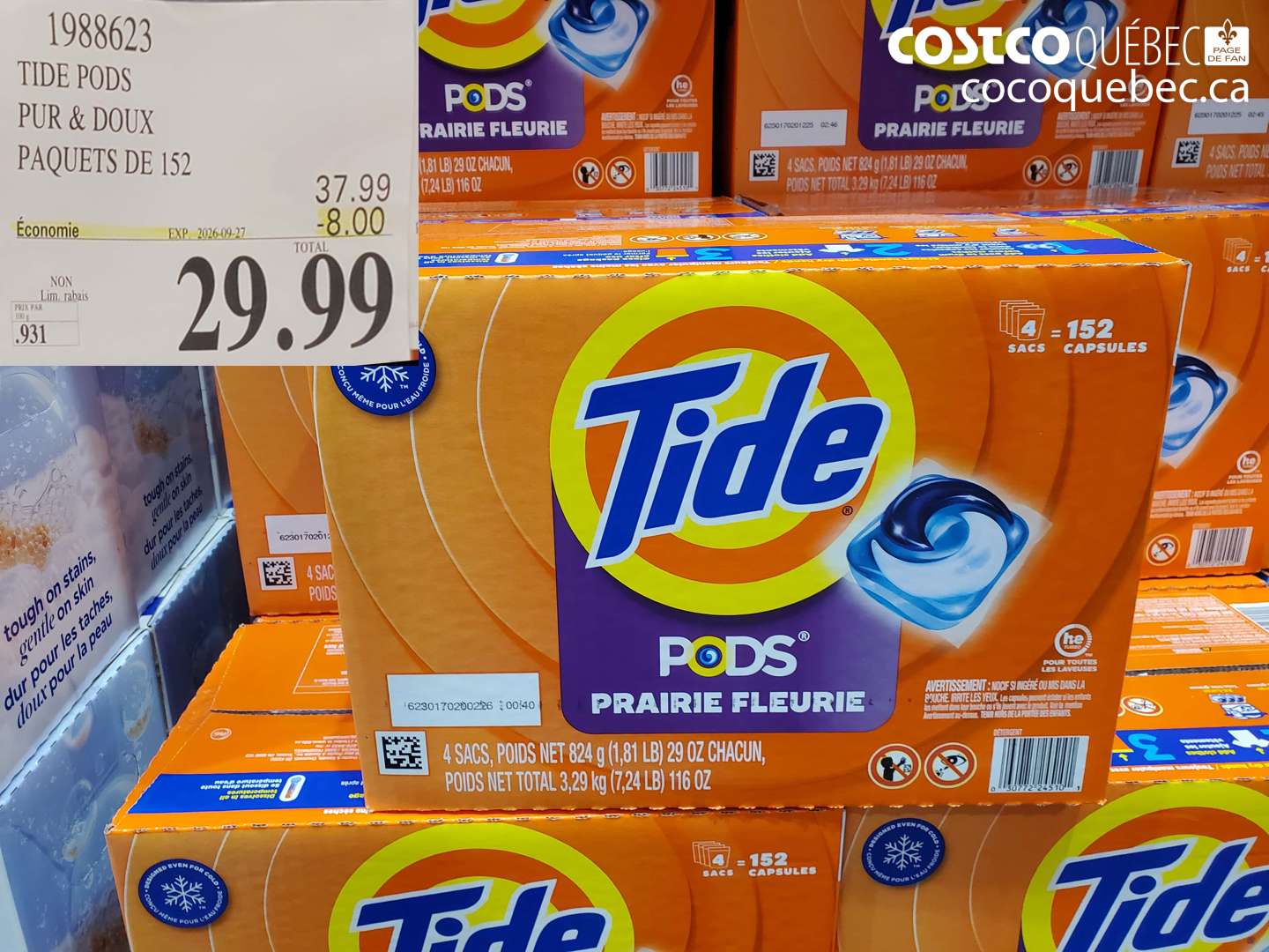 1988623 TIDE PODS PUR & DOUX PAQUETS DE 152 ($8.00 INSTANT SAVINGS EXPIRES ON 2026-09-27) $29.99