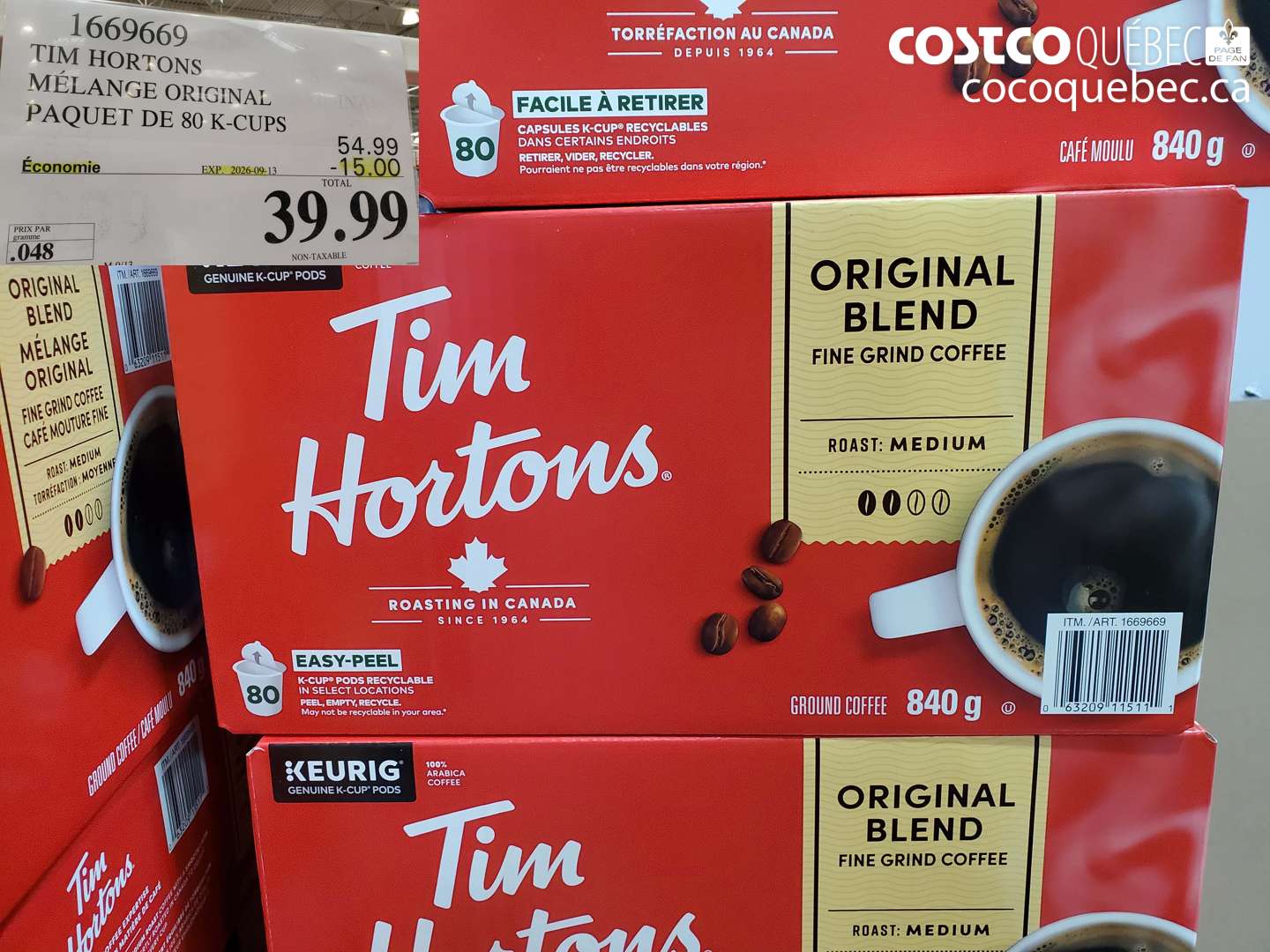 1669669 TIM HORTONS MÉLANGE ORIGINAL PAQUET DE 80 K-CUPS ($15.00 INSTANT SAVINGS EXPIRES ON 2026-09-13) $39.99