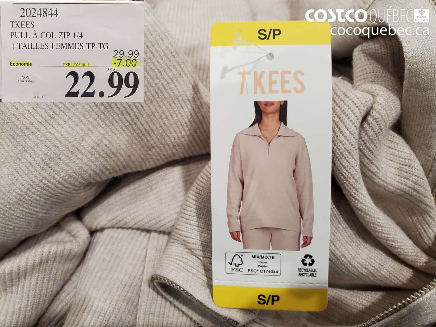 2024844 TKEES PULL À COL ZIP 1/4 ($7.00 INSTANT SAVINGS EXPIRES ON 2026-10-11) $22.99