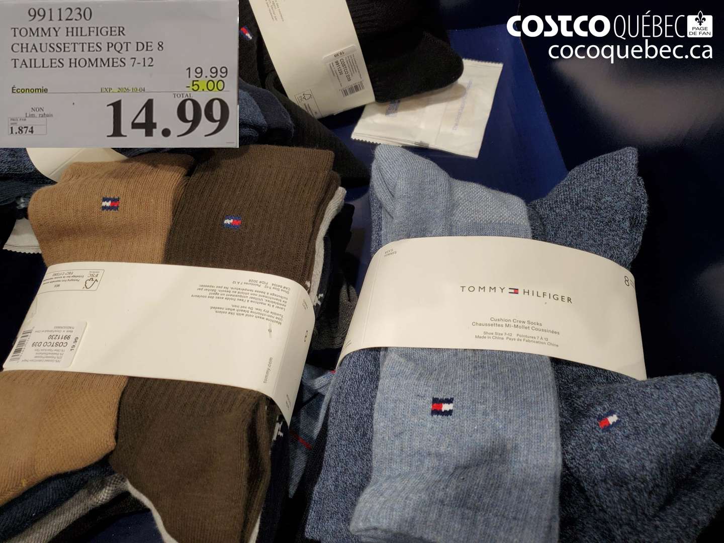 9911230 TOMMY HILFIGER CHAUSSETTES PQT DE 8 TAILLES HOMMES 7-12 ($5.00 INSTANT SAVINGS EXPIRES ON 2026-10-04) $14.99