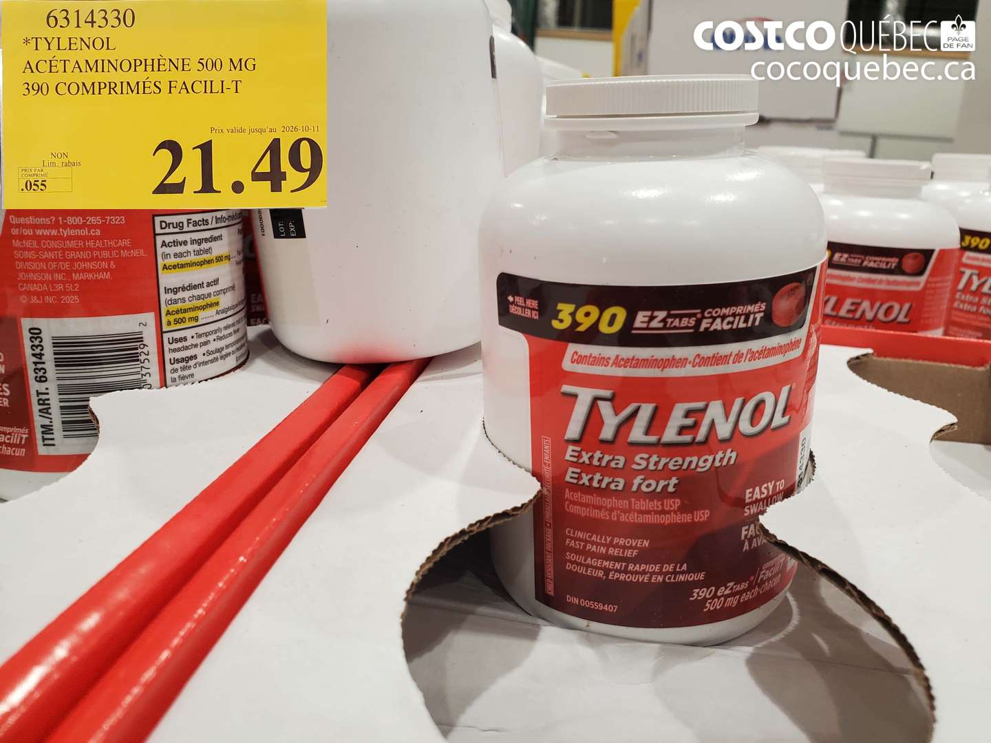 6314330 TYLENOL ACÉTAMINOPHÈNE 500 MG 390 COMPRIMÉS FACILI-T (EXPIRES ON 2026-10-11) $21.49