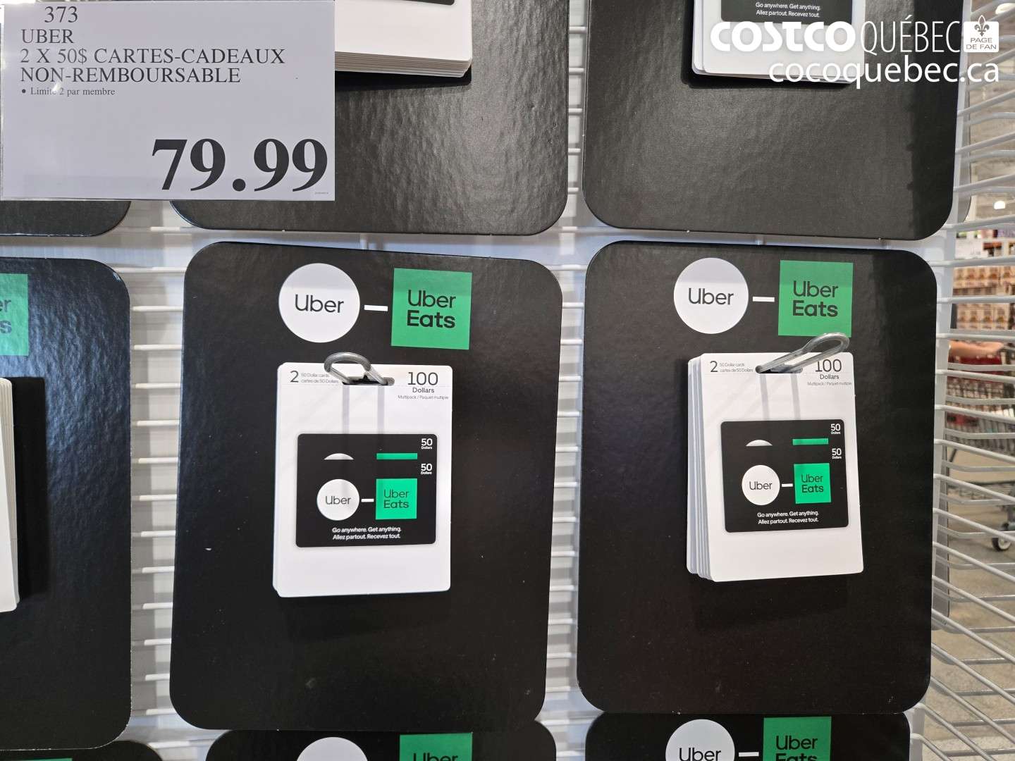 373 UBER 2 X 50$ CARTES-CADEAUX NON-REMBOURSABLE $79.99