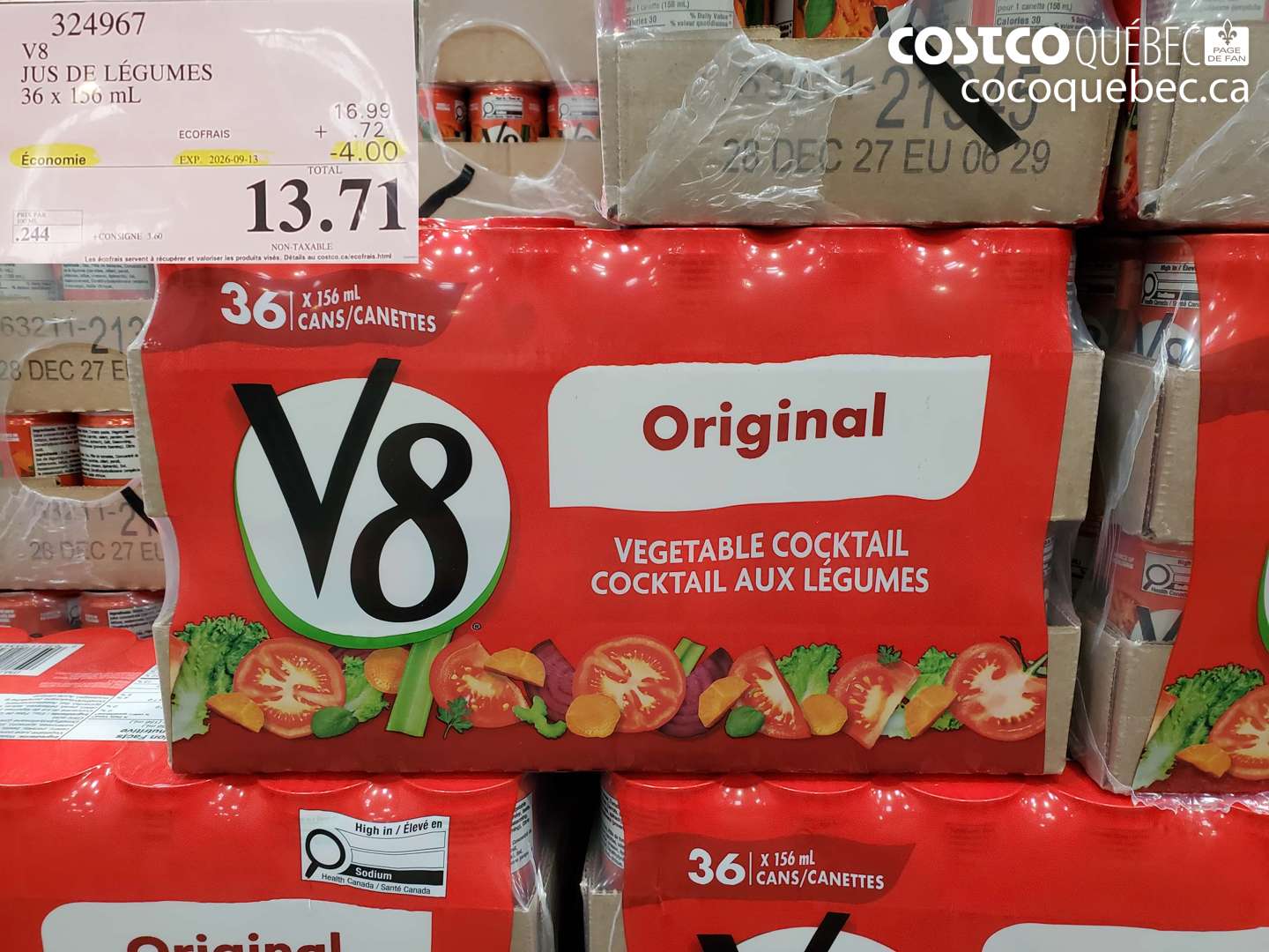324967 V8 JUS DE LÉGUMES 36 X 156 ML ($4.00 INSTANT SAVINGS EXPIRES ON 2026-09-13) $13.71