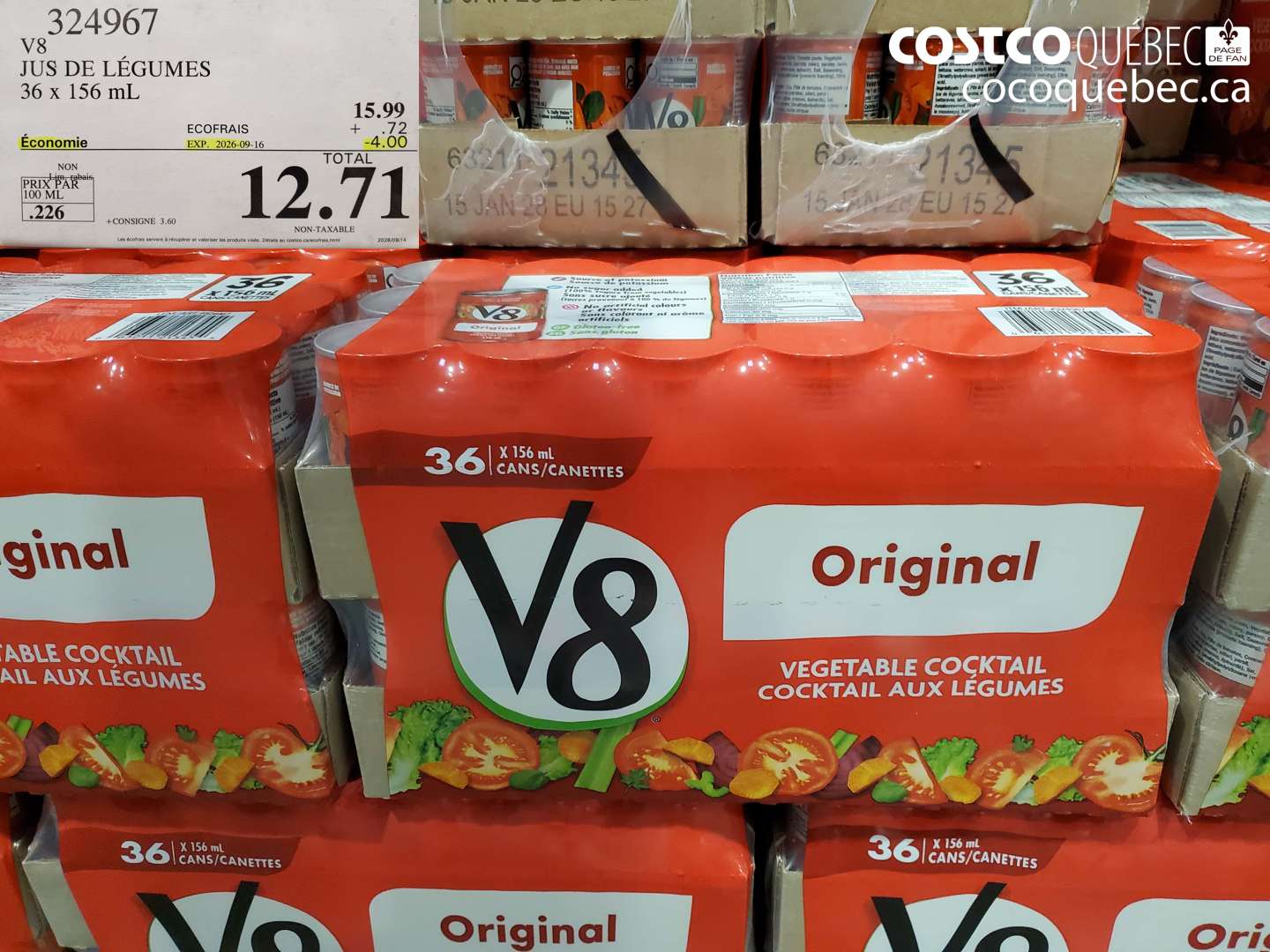 324967 V8 JUS DE LÉGUMES 36 X 156 ML ($4.00 INSTANT SAVINGS EXPIRES ON 2026-09-16) $12.71